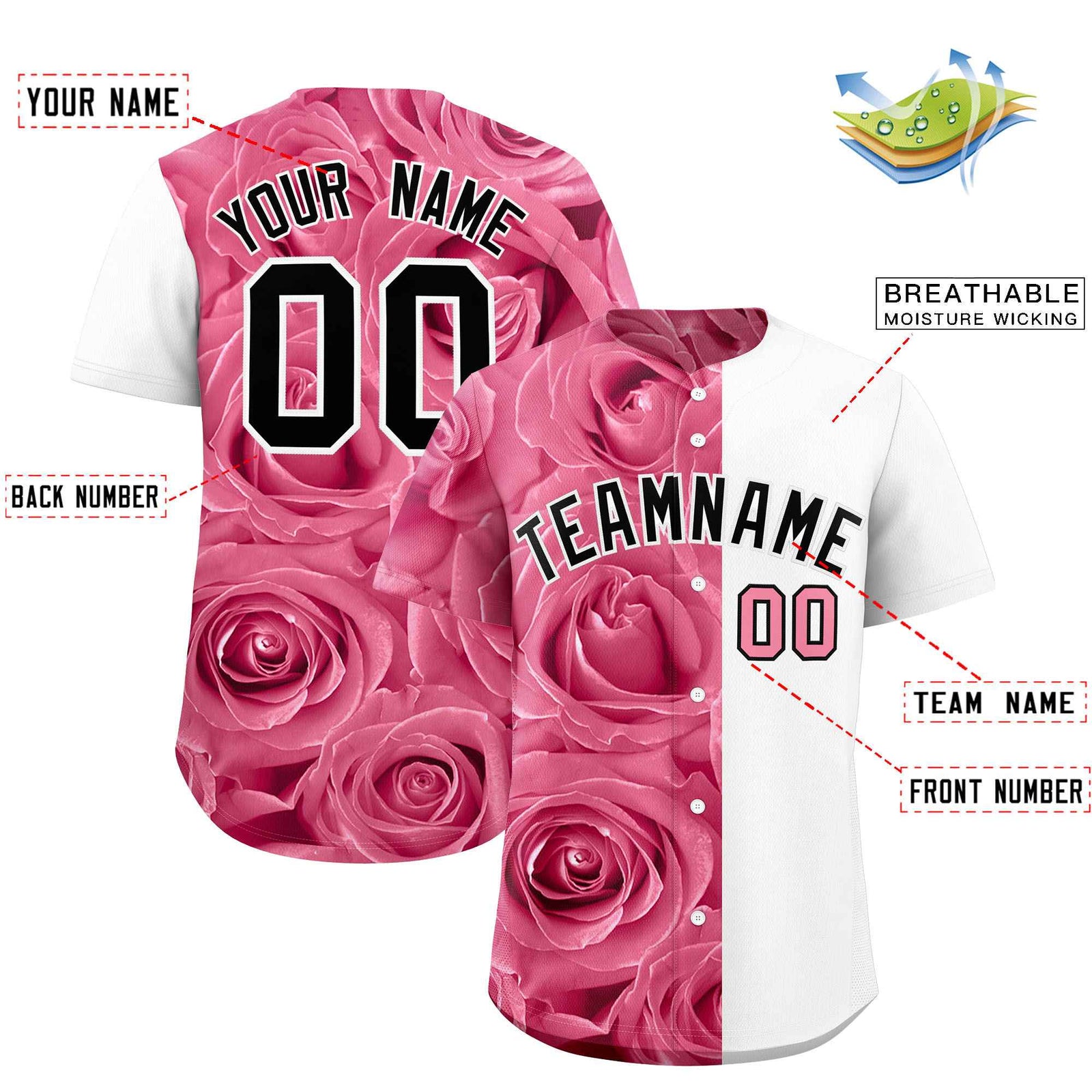 Custom Light Pink White Split Rose Print Authentic Baseball Jersey