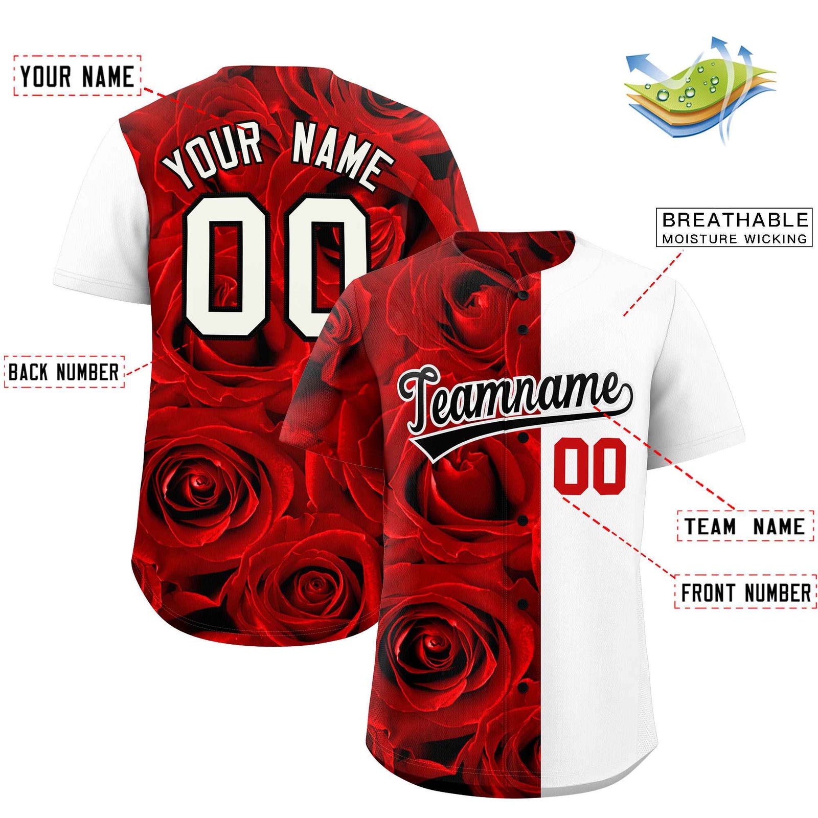 Custom Red White Split Rose Print Authentic Baseball Jersey