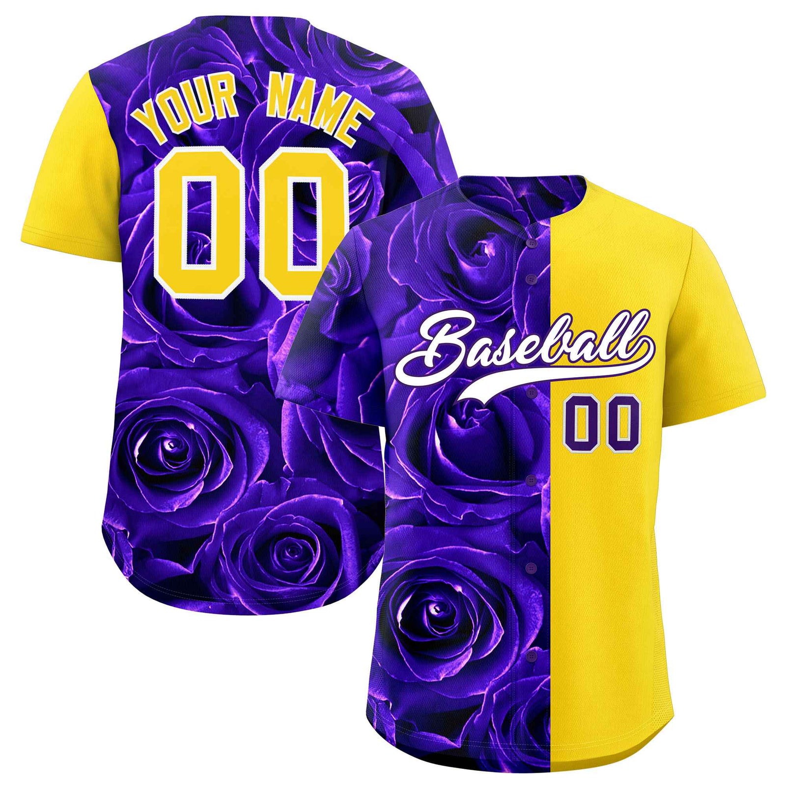 Custom Purple Gold Split Rose Print Authentic Baseball Jersey
