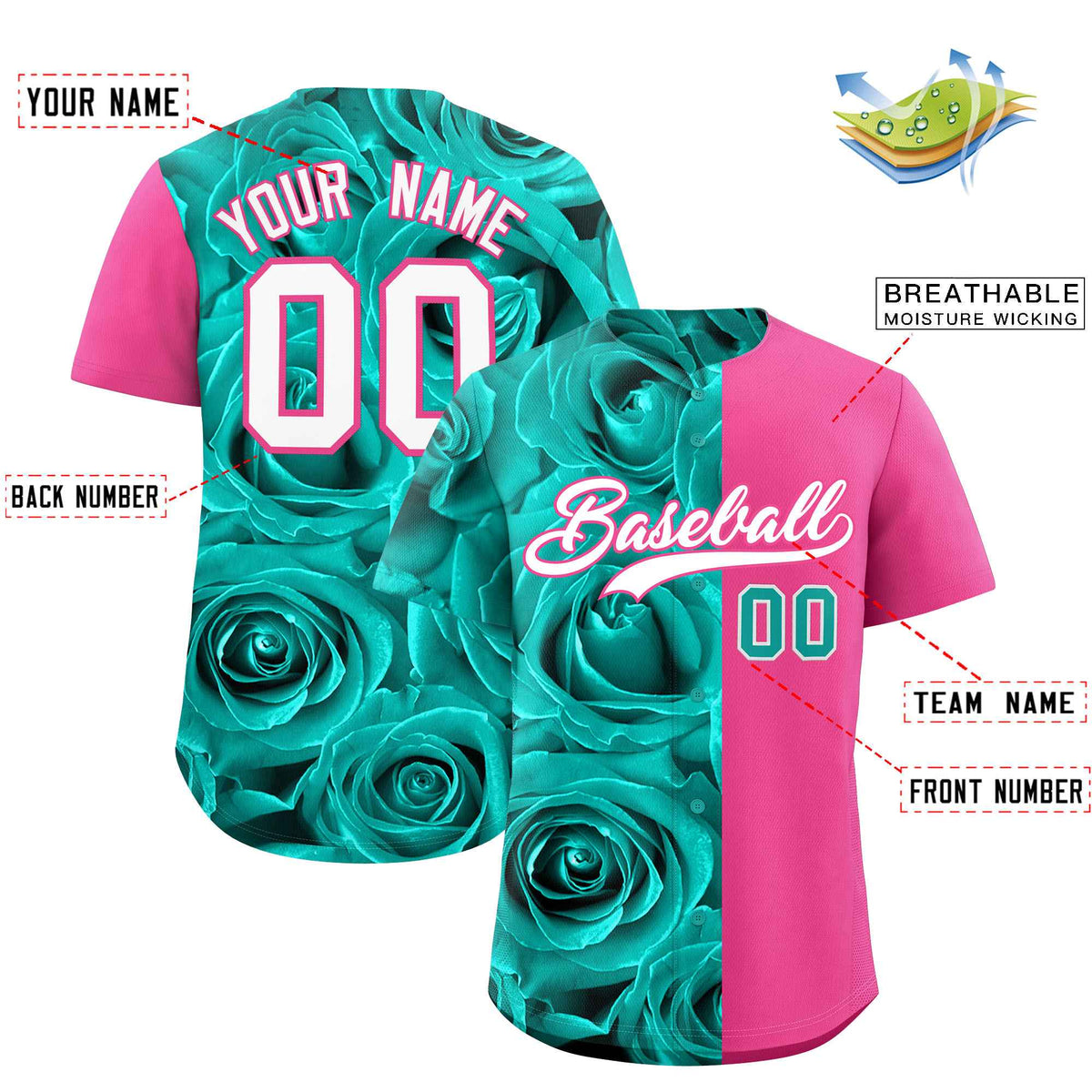 Custom Aqua Pink Split Rose Print Authentic Baseball Jersey