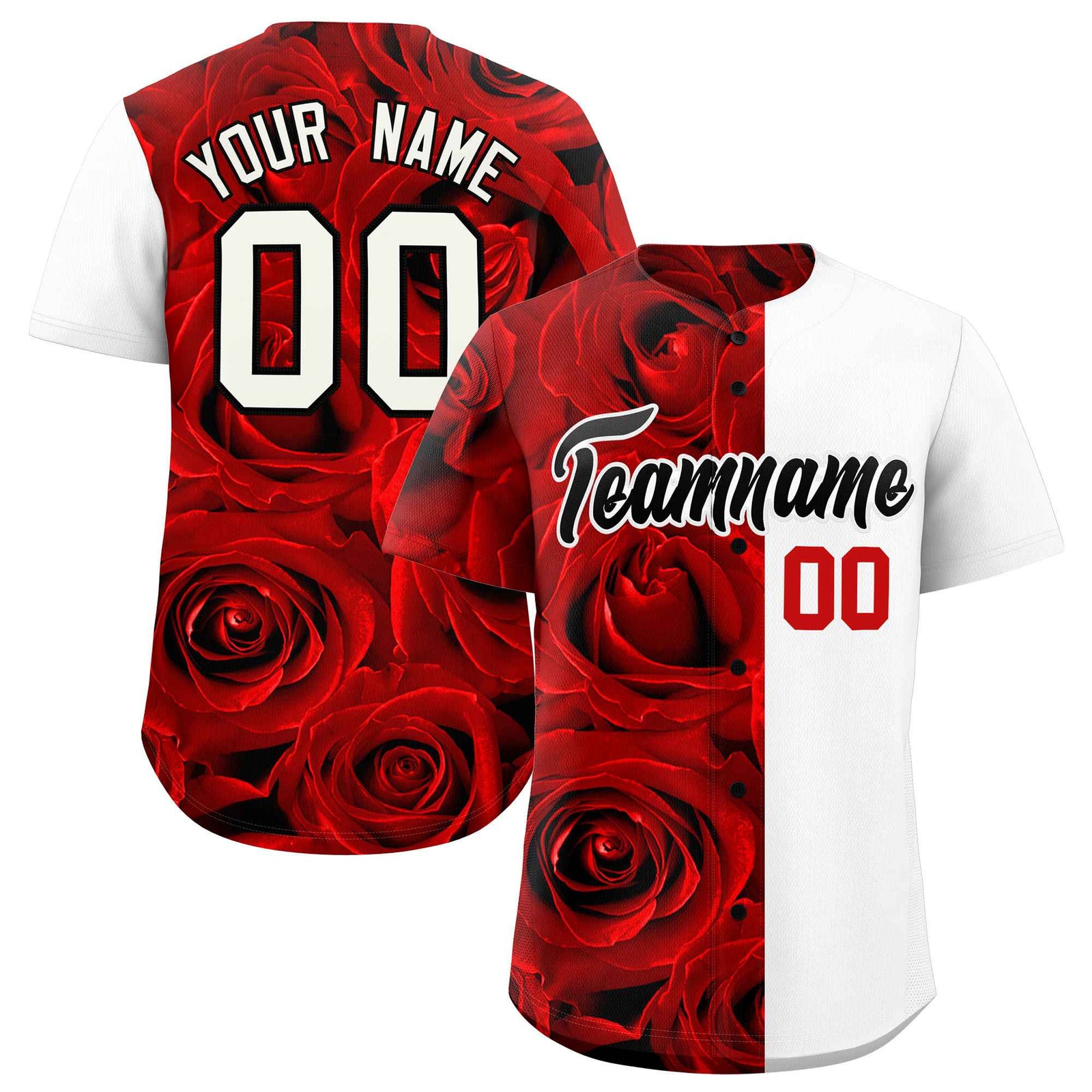 Custom Red White Split Rose Print Authentic Baseball Jersey