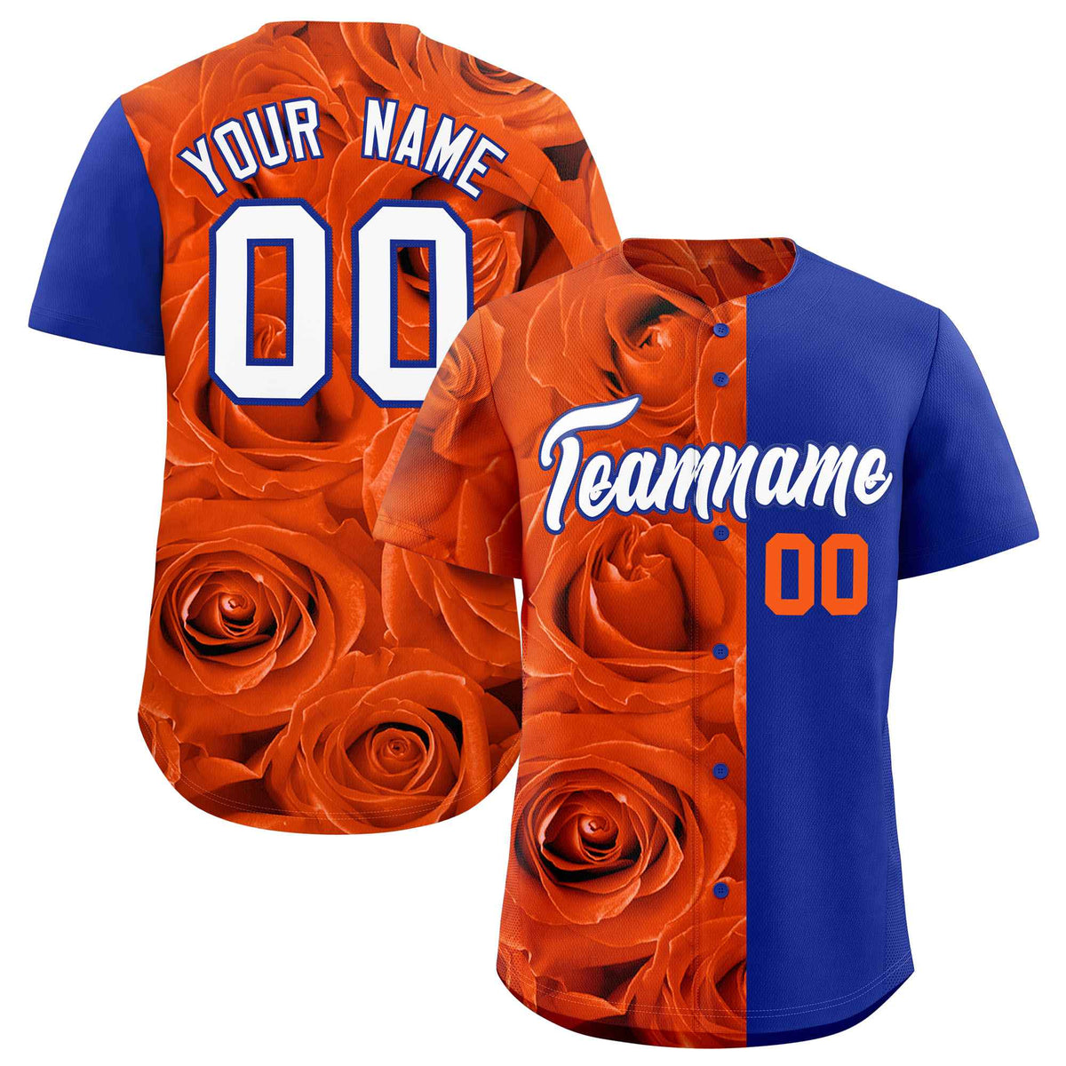 Custom Orange Royal Split Rose Print Authentic Baseball Jersey