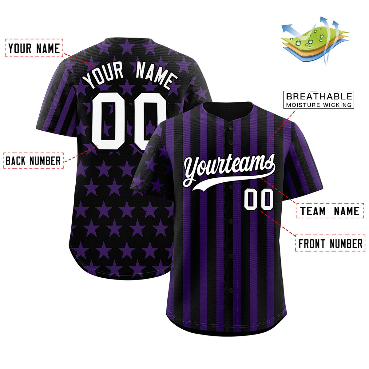 Custom Black Purple American Flag Graffiti Pattern Baseball Jersey| KXKSHOP