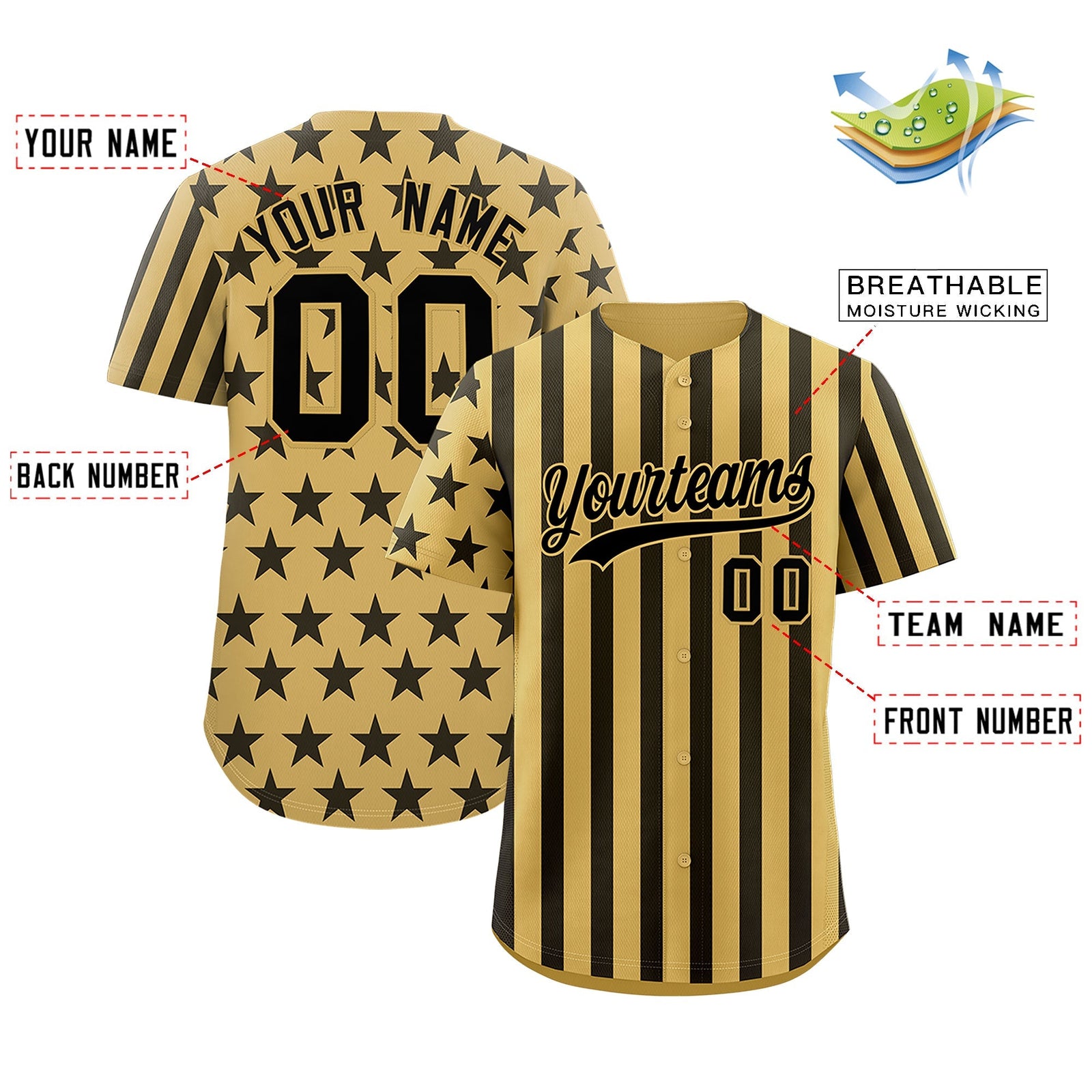 Custom Old Gold Black American Flag Graffiti Pattern Baseball Jersey| KXKSHOP