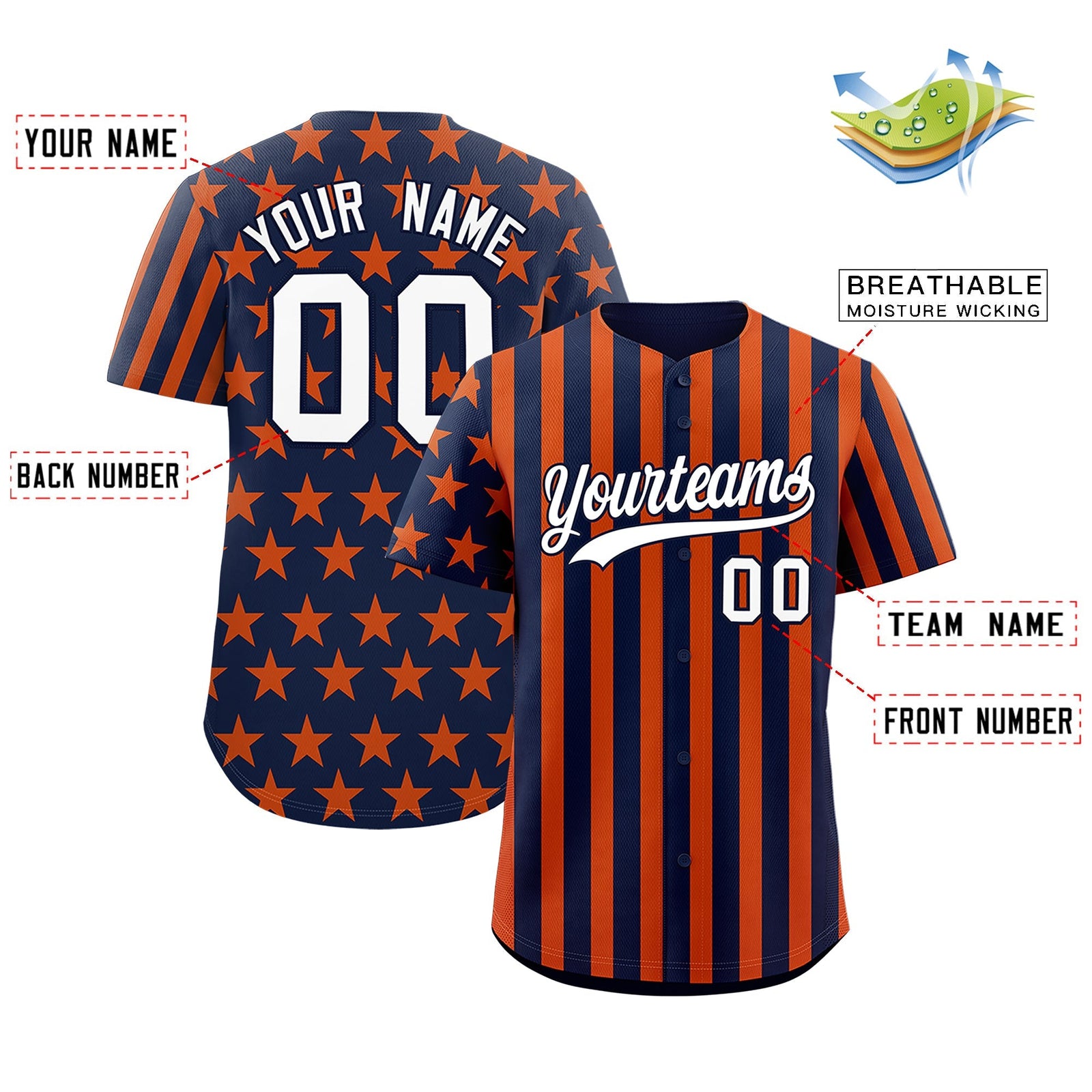 Custom Navy Orange White American Flag Graffiti Pattern Baseball Jersey| KXKSHOP