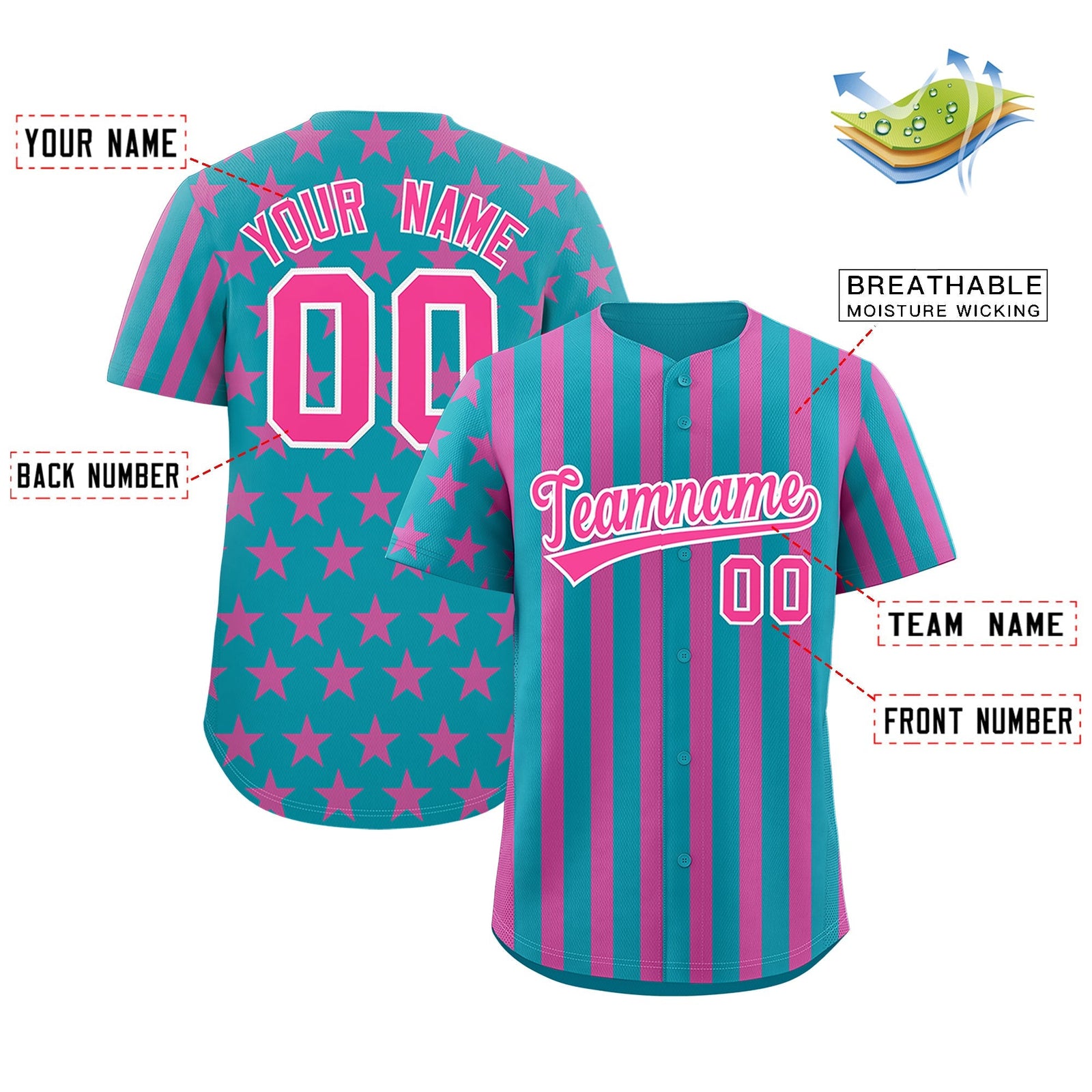 Custom Teal Pink American Flag Graffiti Pattern Baseball Jersey| KXKSHOP