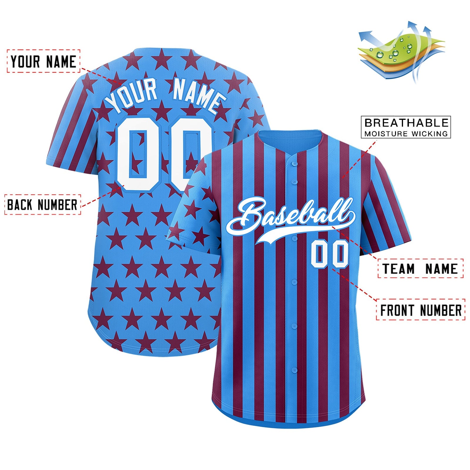 Custom Powder Blue Crimson American Flag Graffiti Pattern Baseball Jersey| KXKSHOP