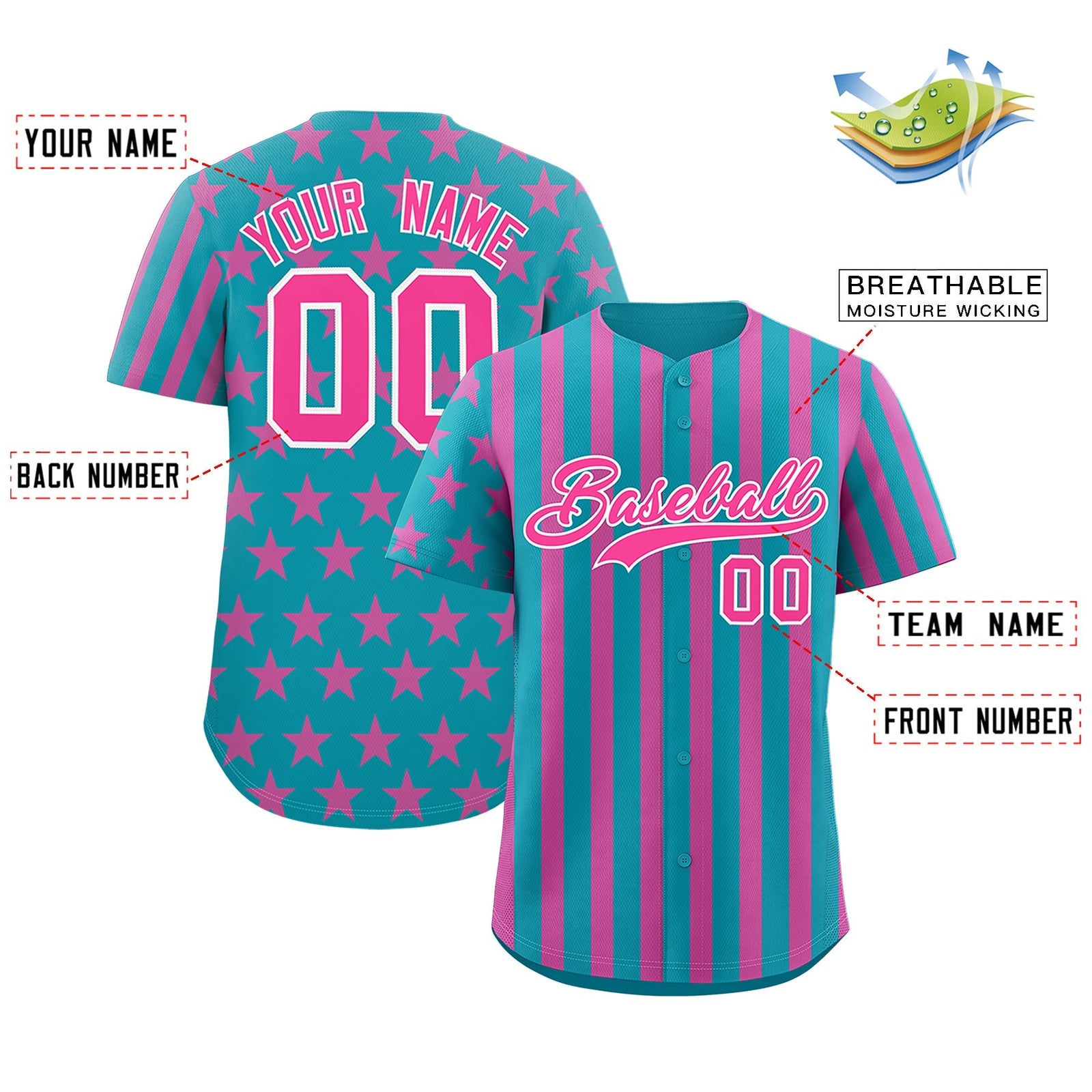 Custom Teal Pink American Flag Graffiti Pattern Baseball Jersey| KXKSHOP