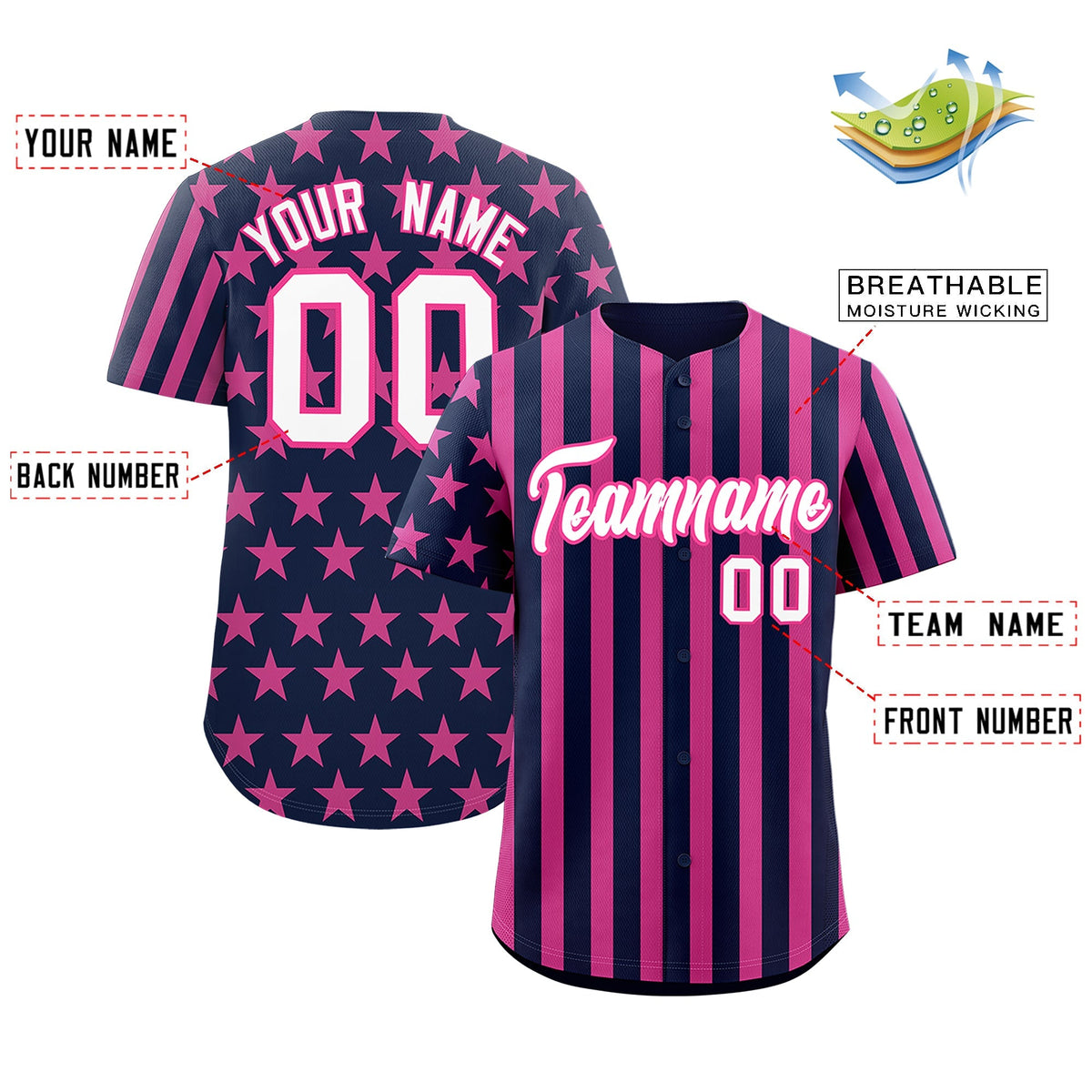 Custom Pink Navy White American Flag Graffiti Pattern Baseball Jersey| KXKSHOP