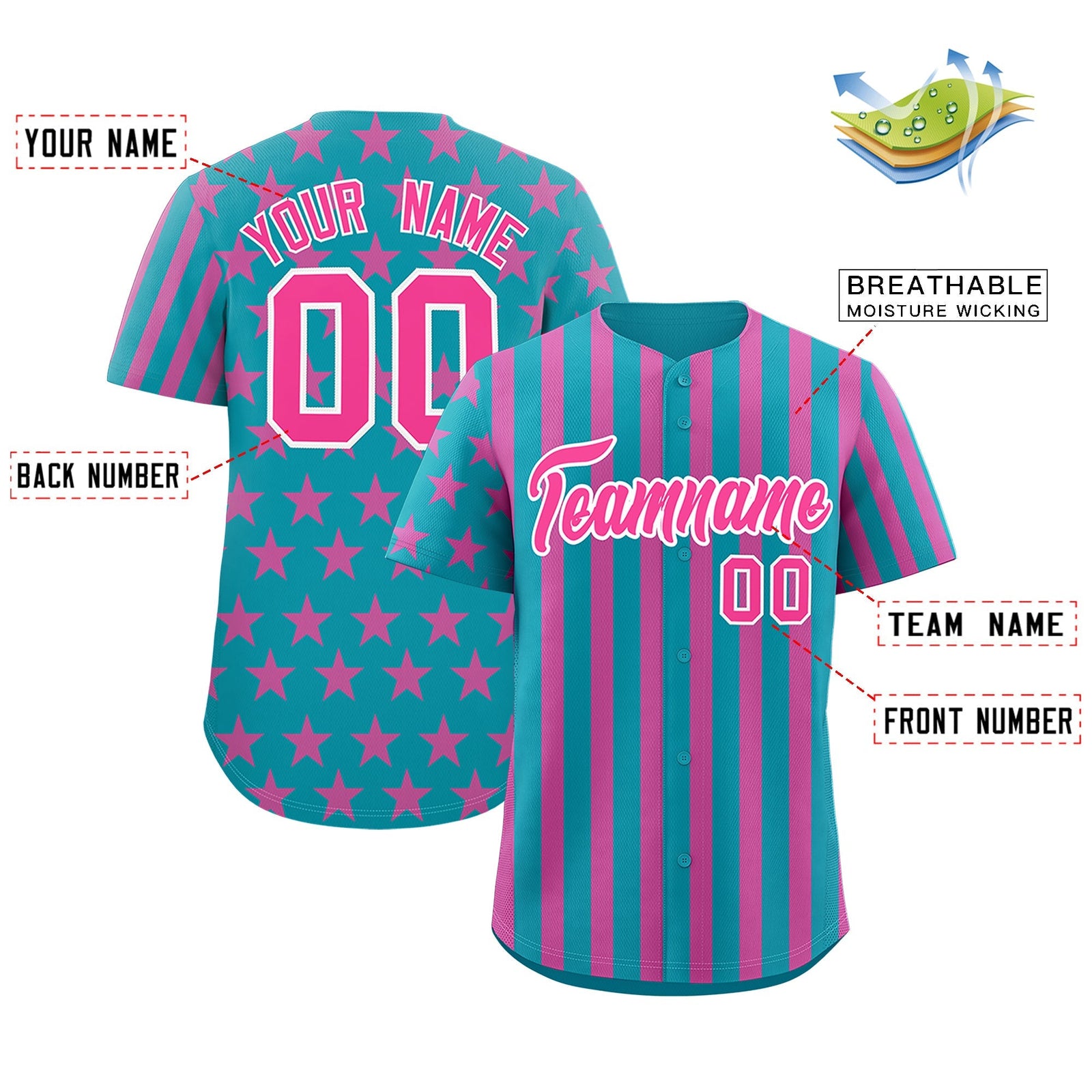 Custom Teal Pink American Flag Graffiti Pattern Baseball Jersey| KXKSHOP