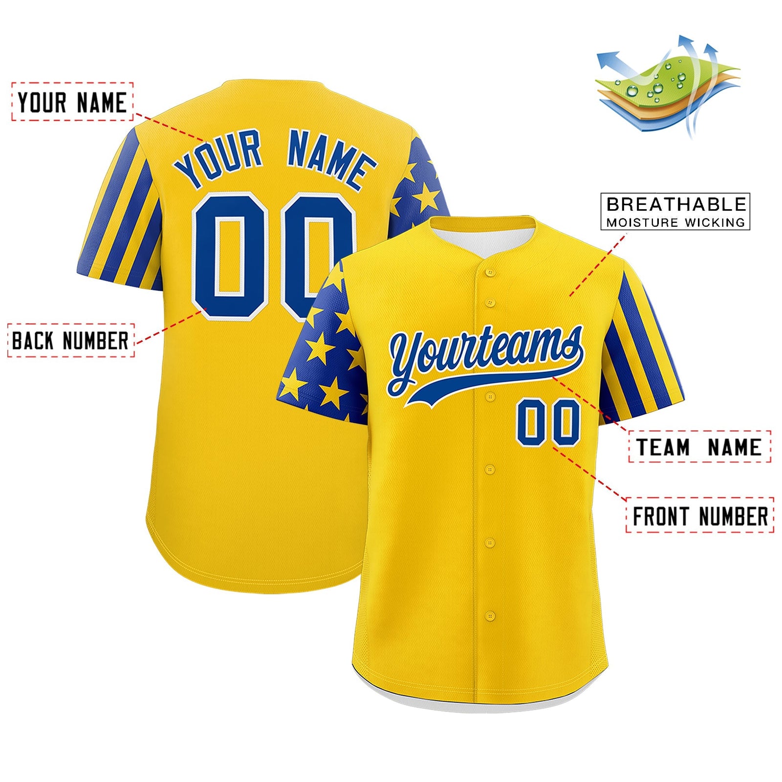 Custom Gold Royal Blue American Flag Raglan Sleeves Baseball Jersey| KXKSHOP