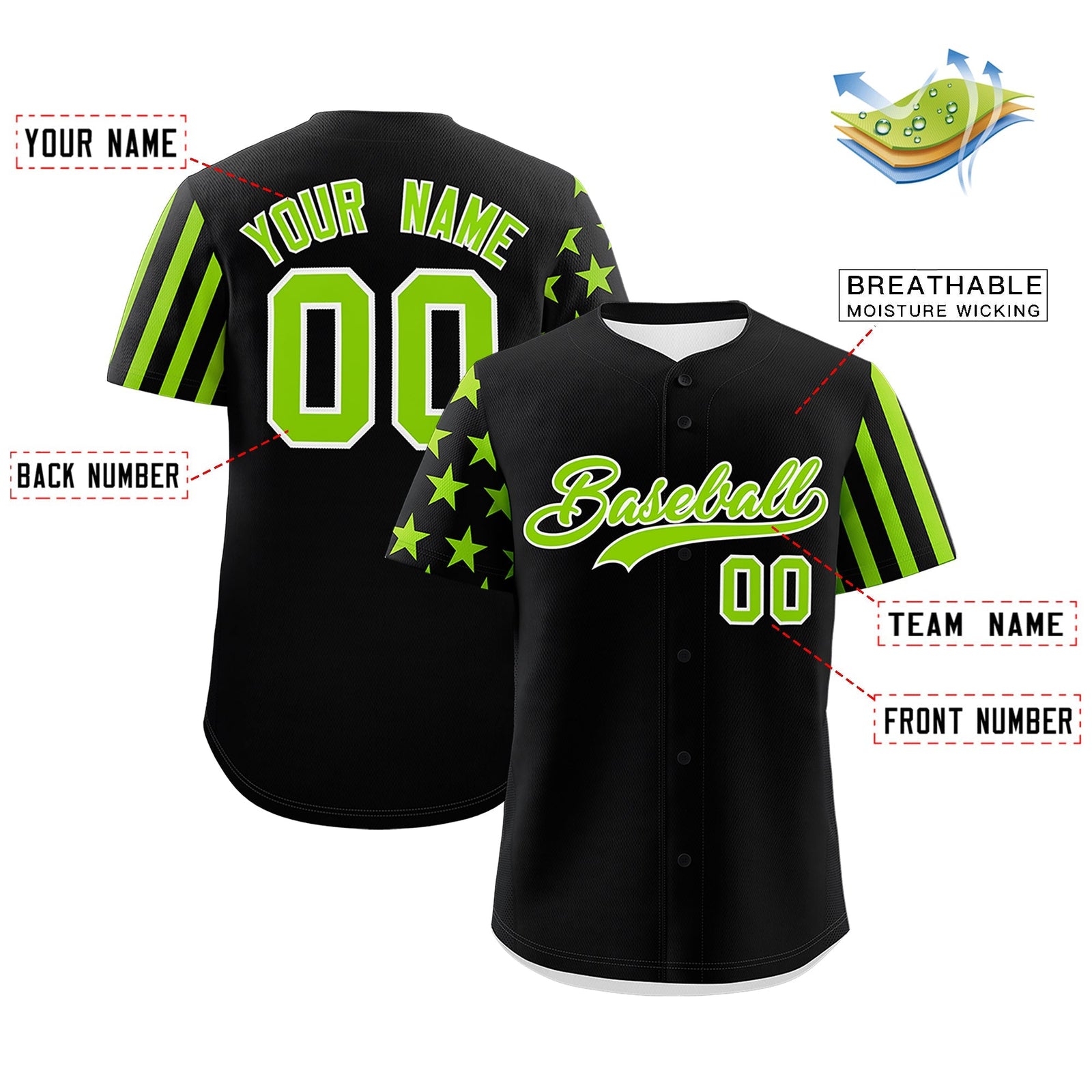 Custom Black Neon Green American Flag Raglan Sleeves Baseball Jersey| KXKSHOP