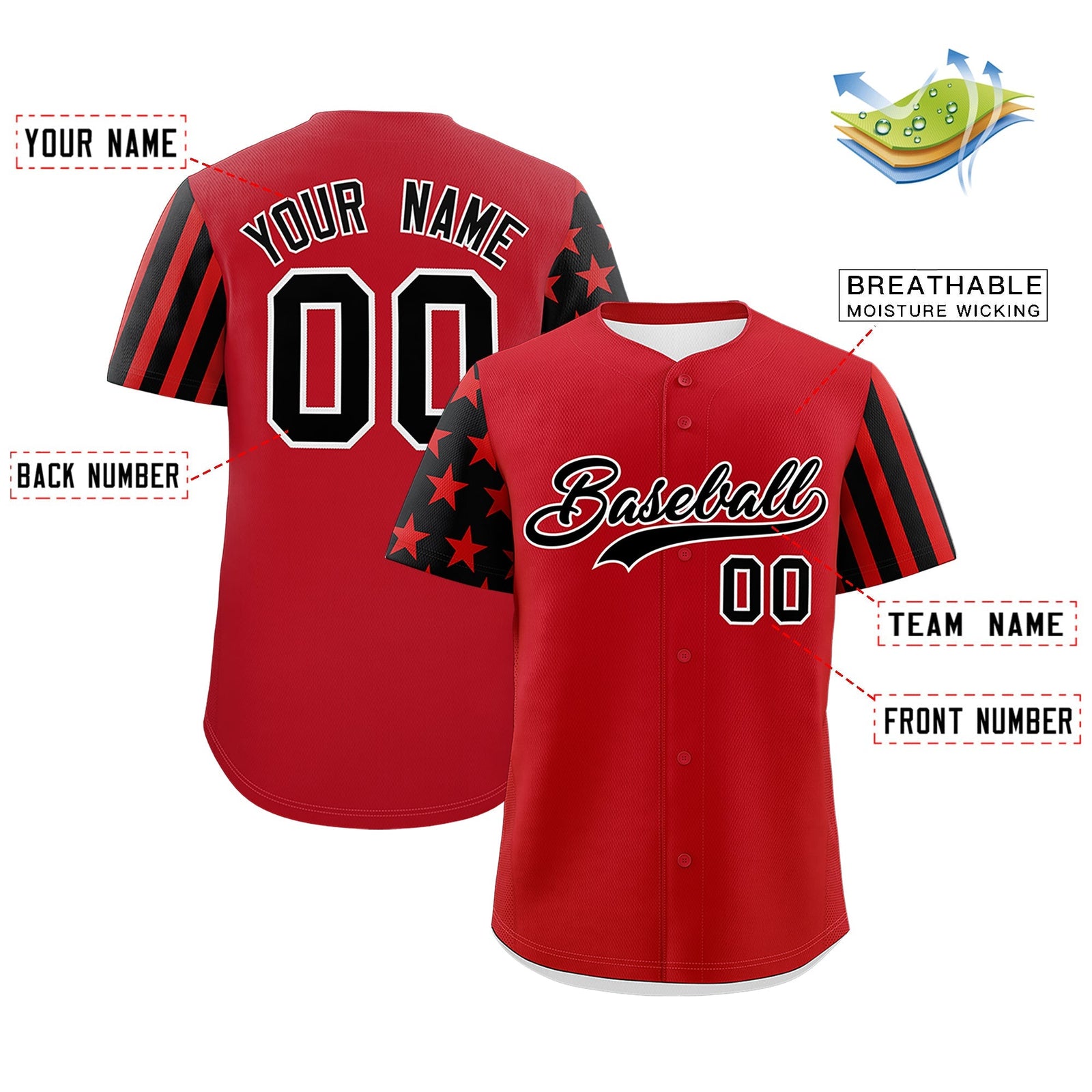 Custom Red Black American Flag Raglan Sleeves Baseball Jersey| KXKSHOP