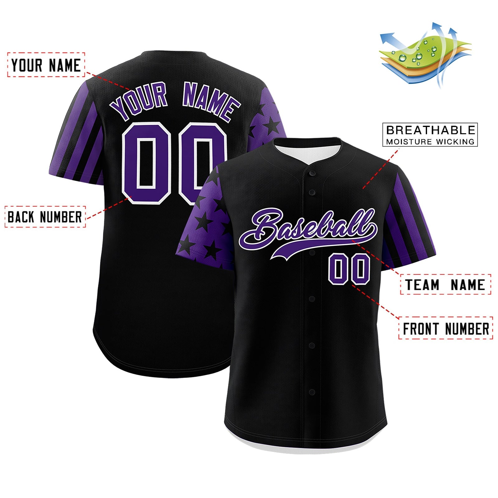 Custom Black Purple American Flag Raglan Sleeves Baseball Jersey| KXKSHOP