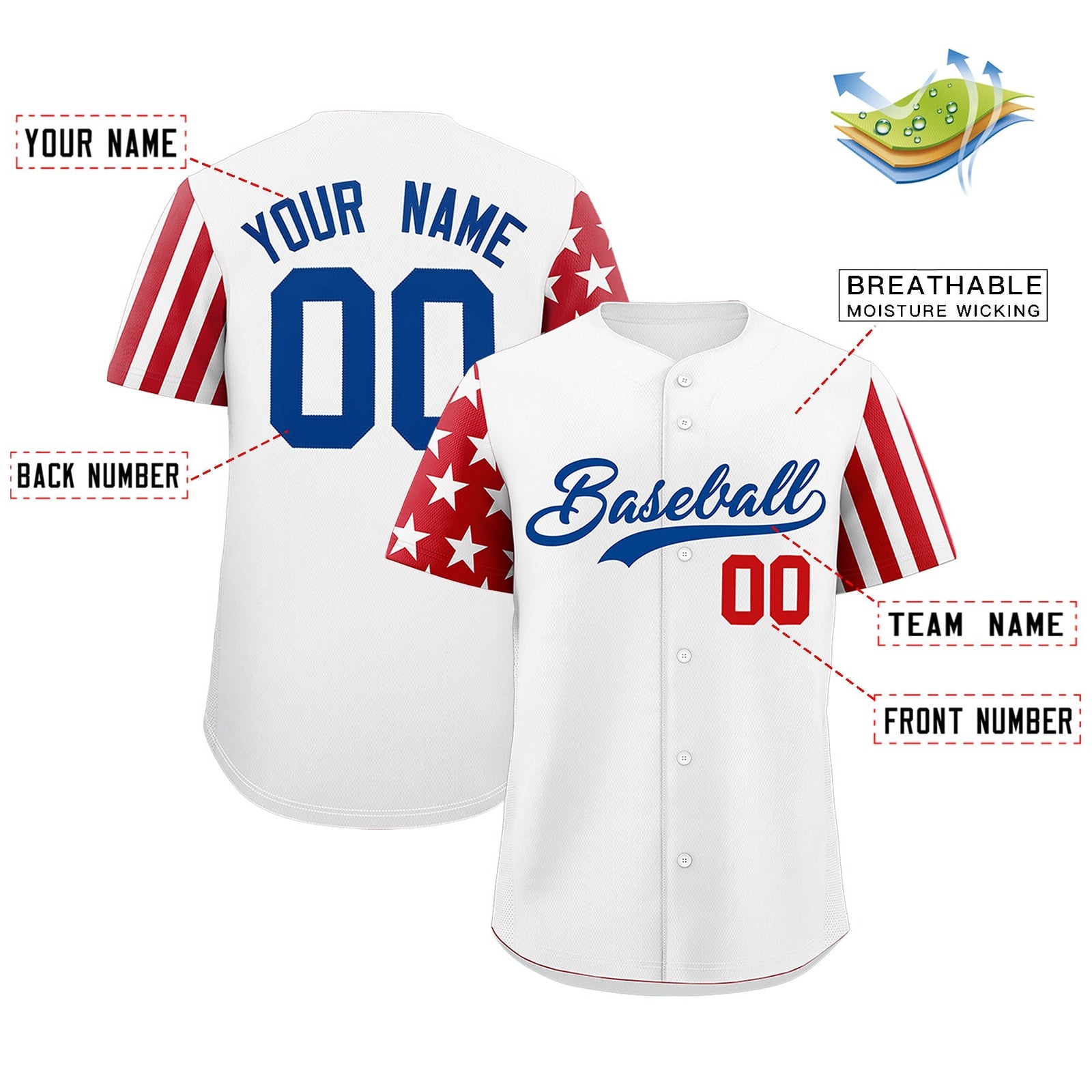 Custom White Red Royal Blue American Flag Raglan Sleeves Baseball Jersey| KXKSHOP