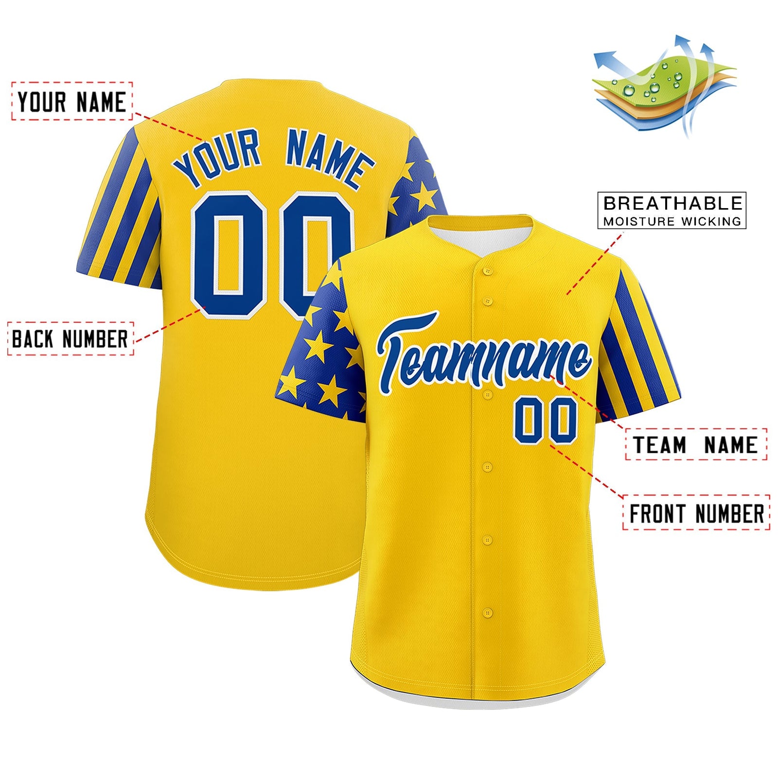 Custom Gold Royal Blue American Flag Raglan Sleeves Baseball Jersey| KXKSHOP