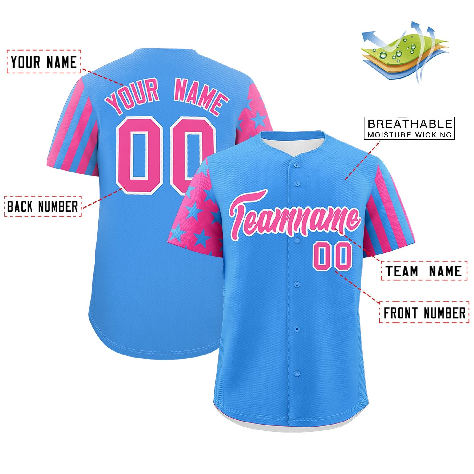 Custom Powder Blue Pink American Flag Raglan Sleeves Baseball Jersey| KXKSHOP