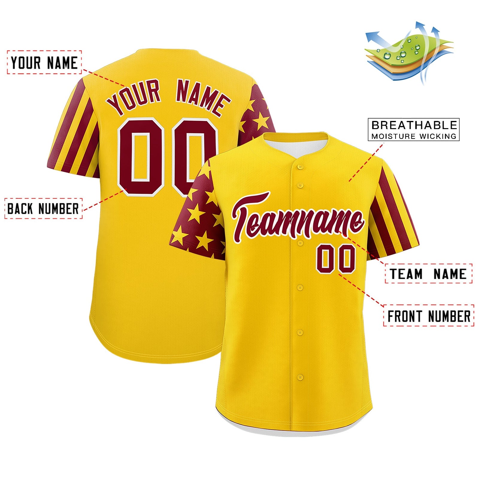Custom Gold Crimson American Flag Raglan Sleeves Baseball Jersey| KXKSHOP
