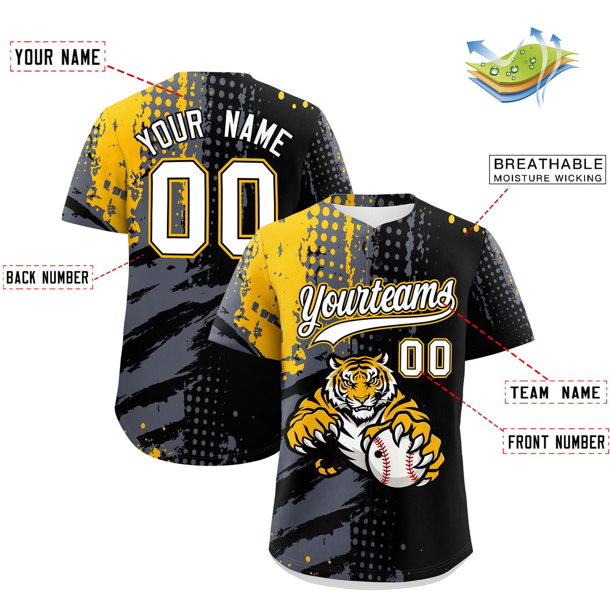 Custom Black Gold Gray Full-Snap Graffiti Pattern Tiger Graffiti Jersey Baseball Jersey| KXKSHOP