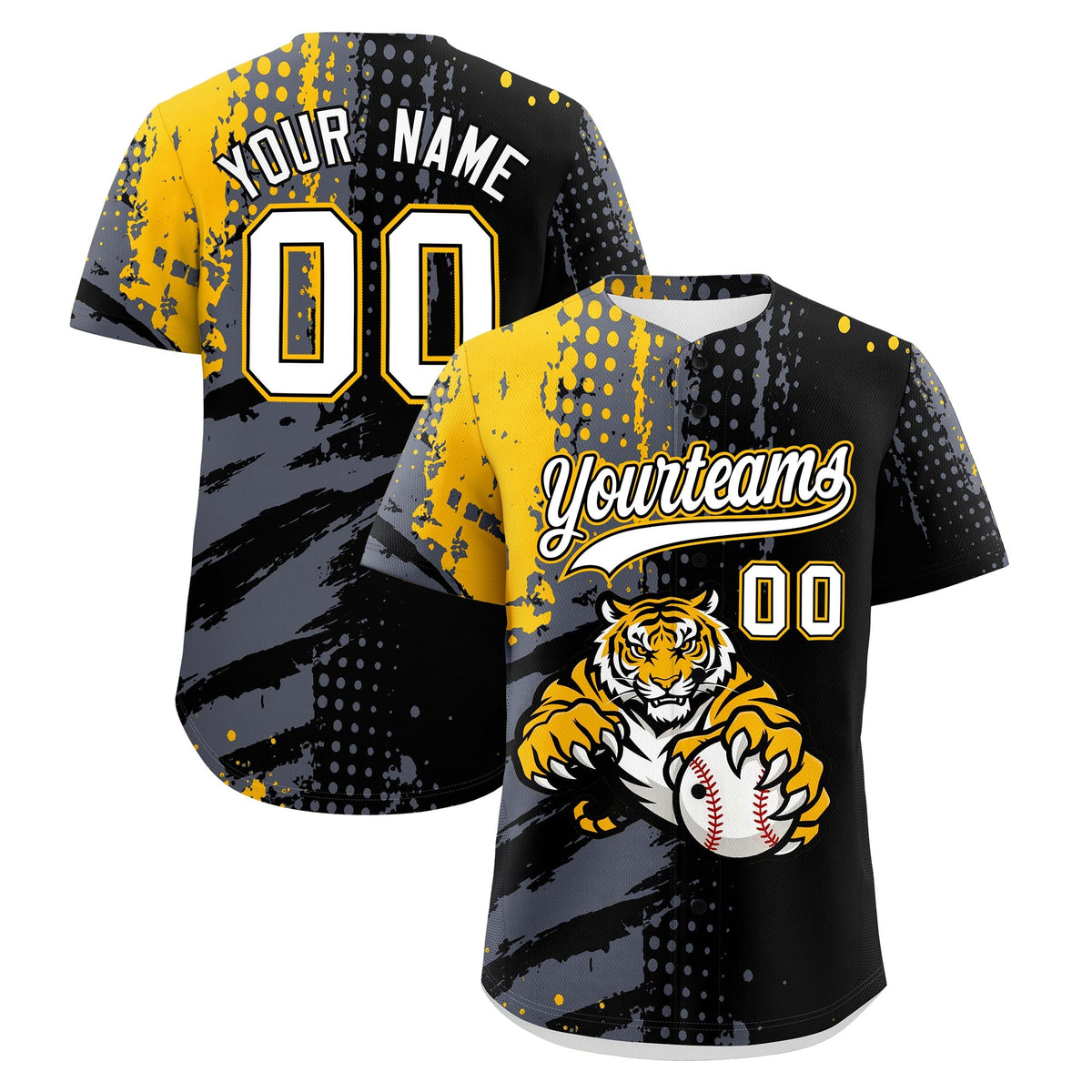 Custom Black Gold Gray Baseball Jersey Full-Snap Graffiti Pattern Tiger Graffiti Jersey