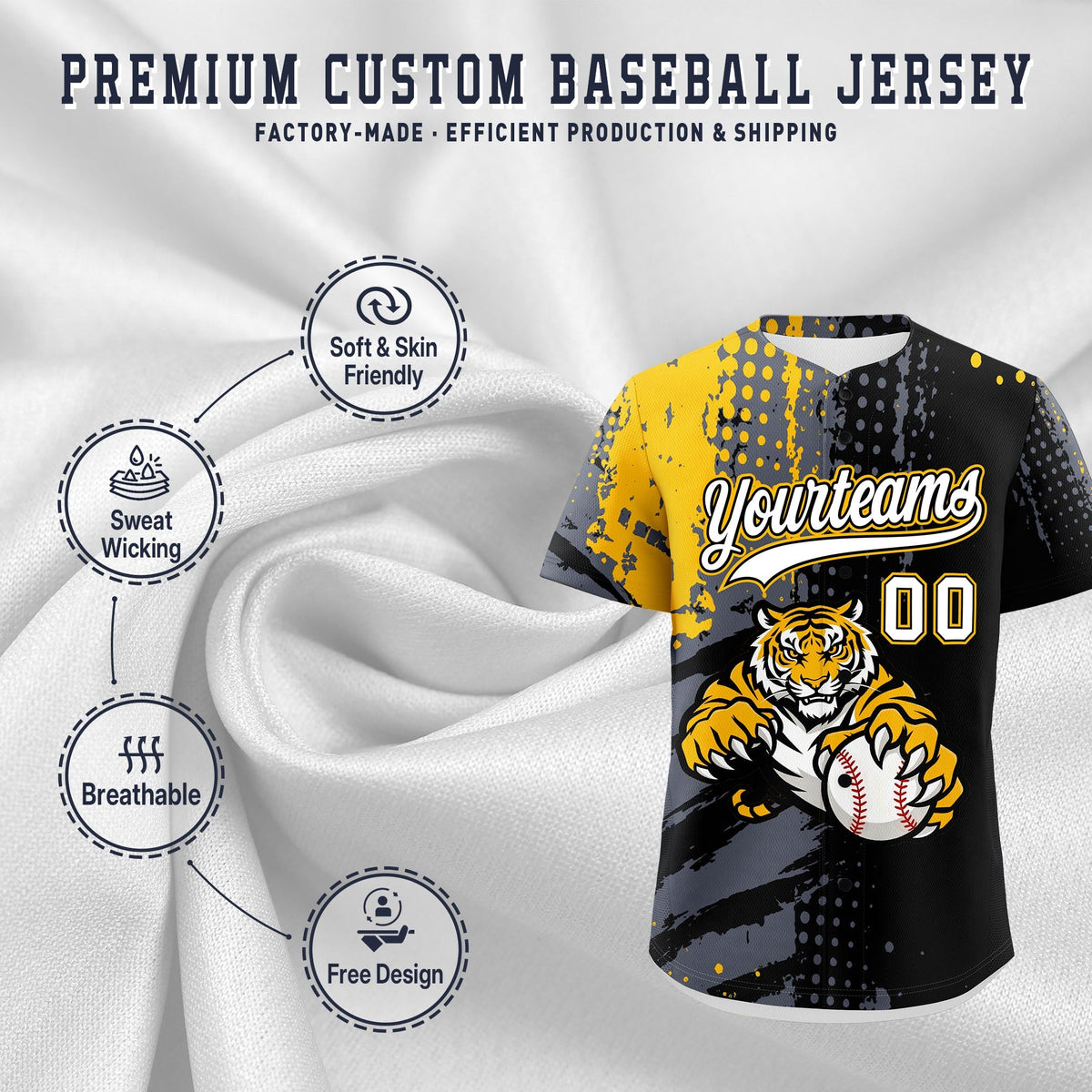 Custom Black Gold Gray Full-Snap Graffiti Pattern Tiger Graffiti Jersey Baseball Jersey| KXKSHOP
