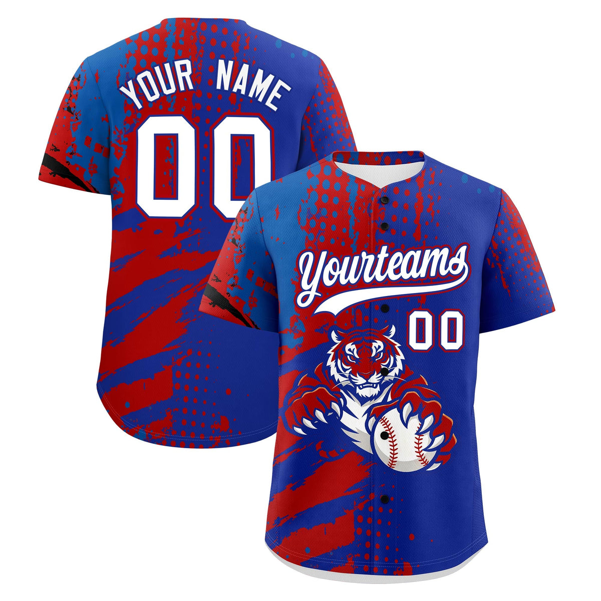 Custom Royal Blue Red Royal Baseball Jersey Full-Snap Graffiti Pattern Tiger Graffiti Jersey