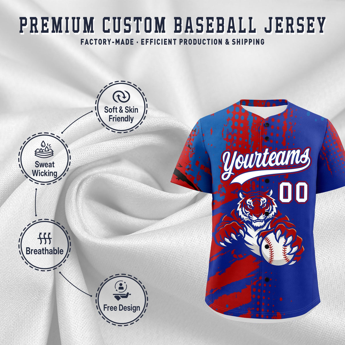 Custom Royal Blue Red Royal Full-Snap Graffiti Pattern Tiger Graffiti Jersey Baseball Jersey| KXKSHOP