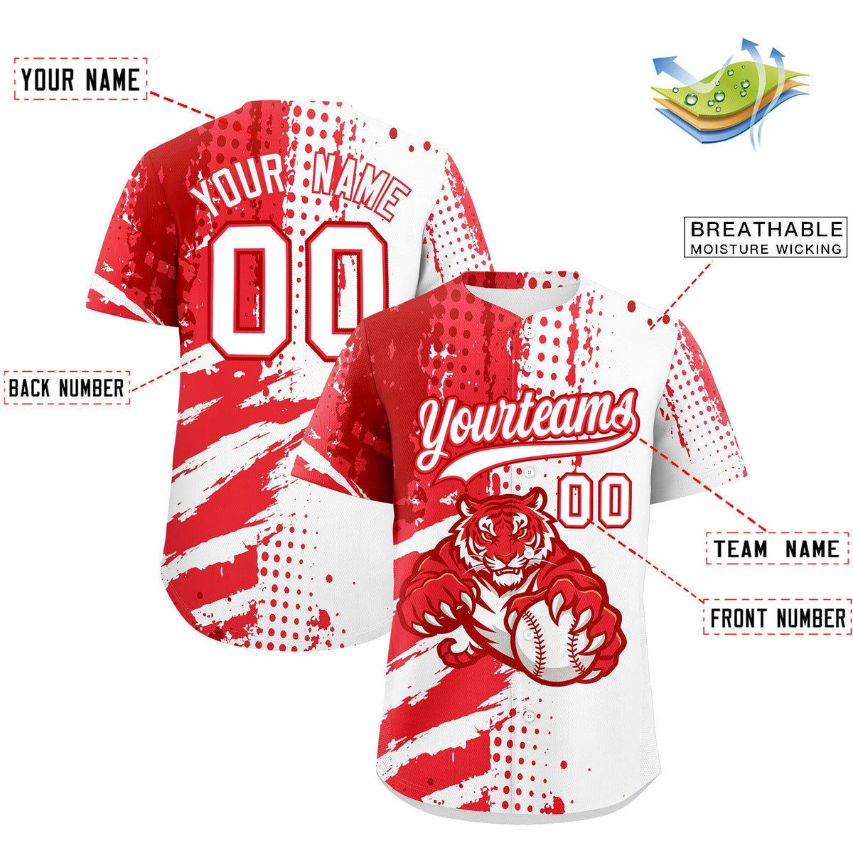 Custom White Red Light Red Full-Snap Graffiti Pattern Tiger Graffiti Jersey Baseball Jersey| KXKSHOP