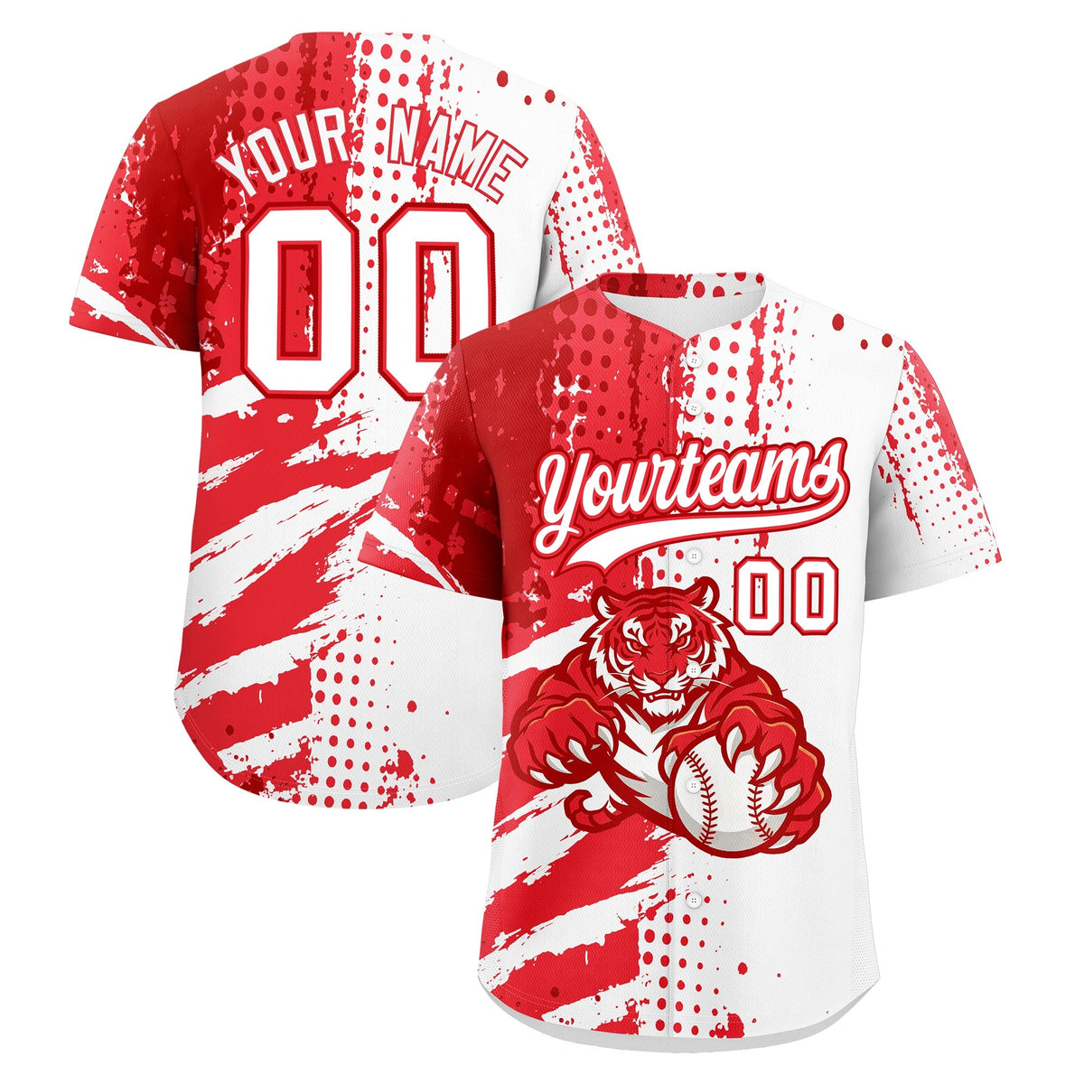 Custom White Red Light Red Baseball Jersey Full-Snap Graffiti Pattern Tiger Graffiti Jersey