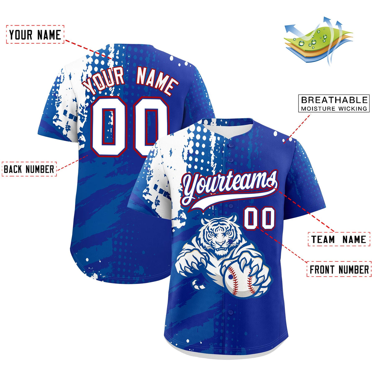 Custom Royal Blue White Royal Full-Snap Graffiti Pattern Tiger Graffiti Jersey Baseball Jersey| KXKSHOP
