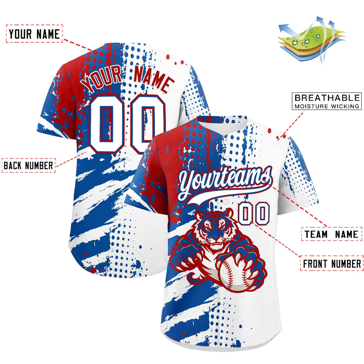 Custom White Royal Red Full-Snap Graffiti Pattern Tiger Graffiti Jersey Baseball Jersey| KXKSHOP