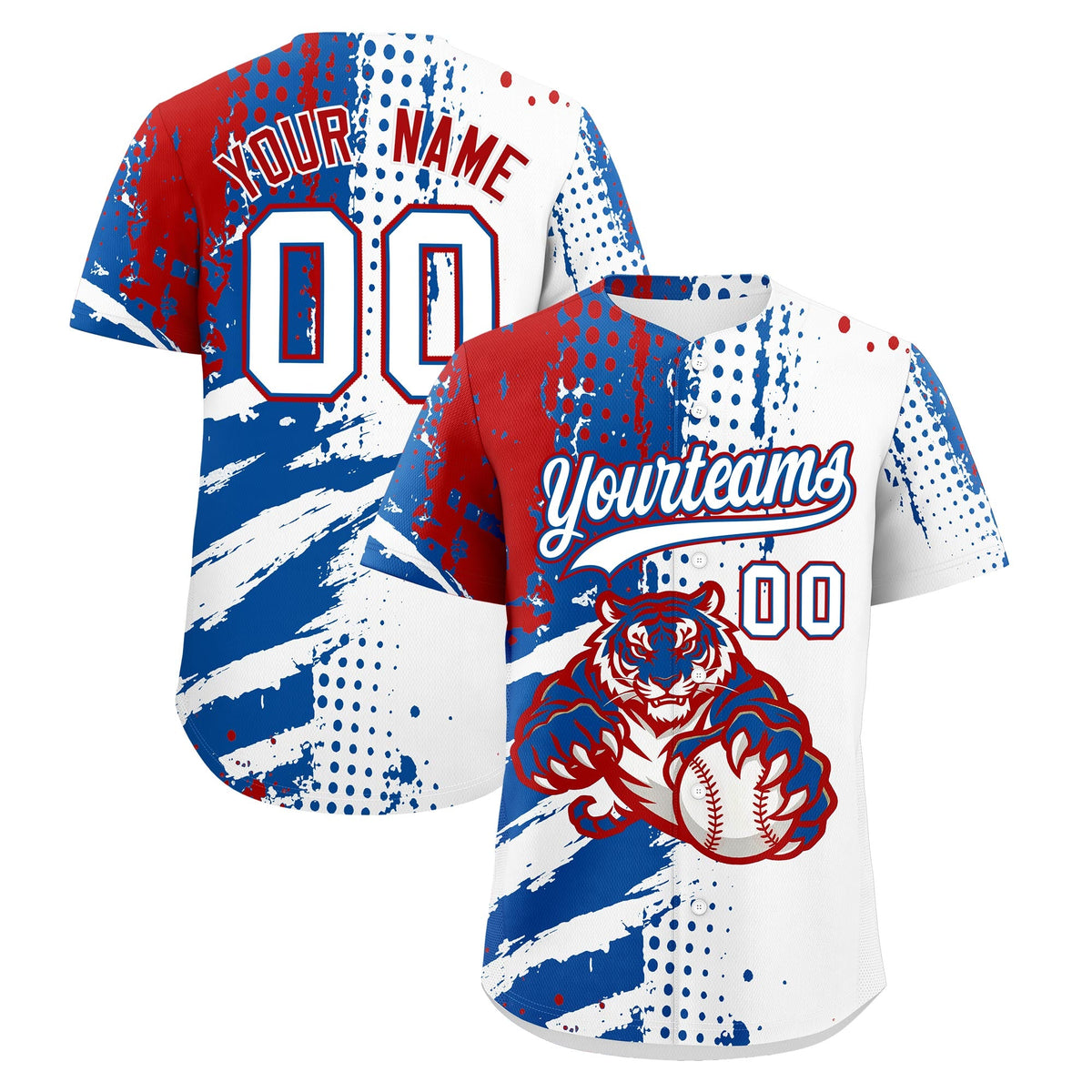 Custom White Royal Red Baseball Jersey Full-Snap Graffiti Pattern Tiger Graffiti Jersey