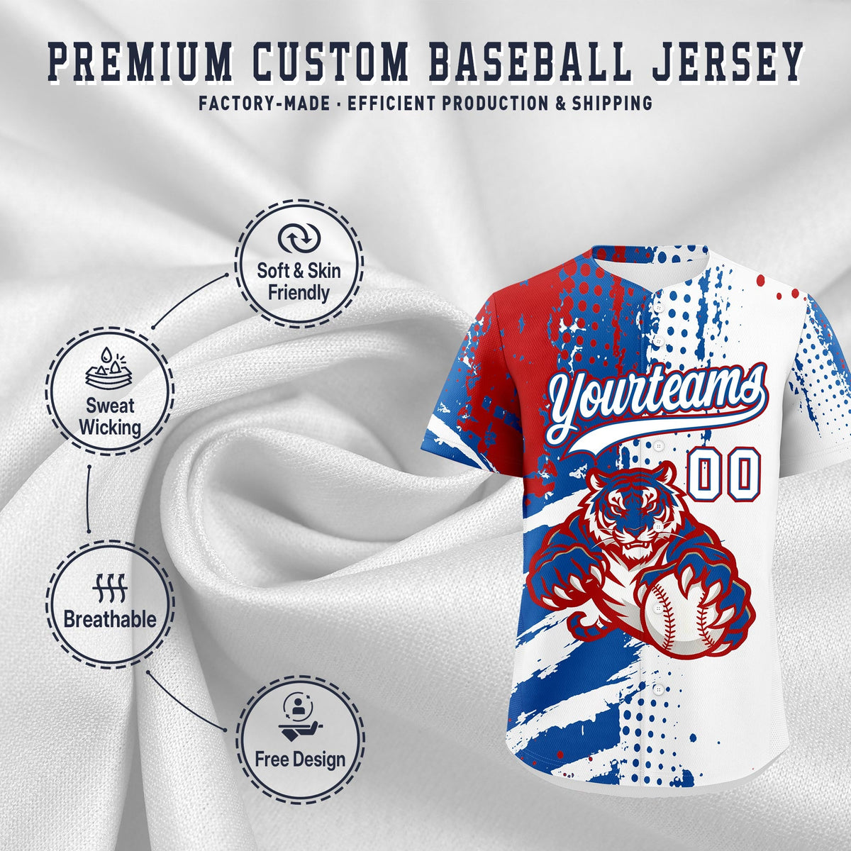 Custom White Royal Red Full-Snap Graffiti Pattern Tiger Graffiti Jersey Baseball Jersey| KXKSHOP