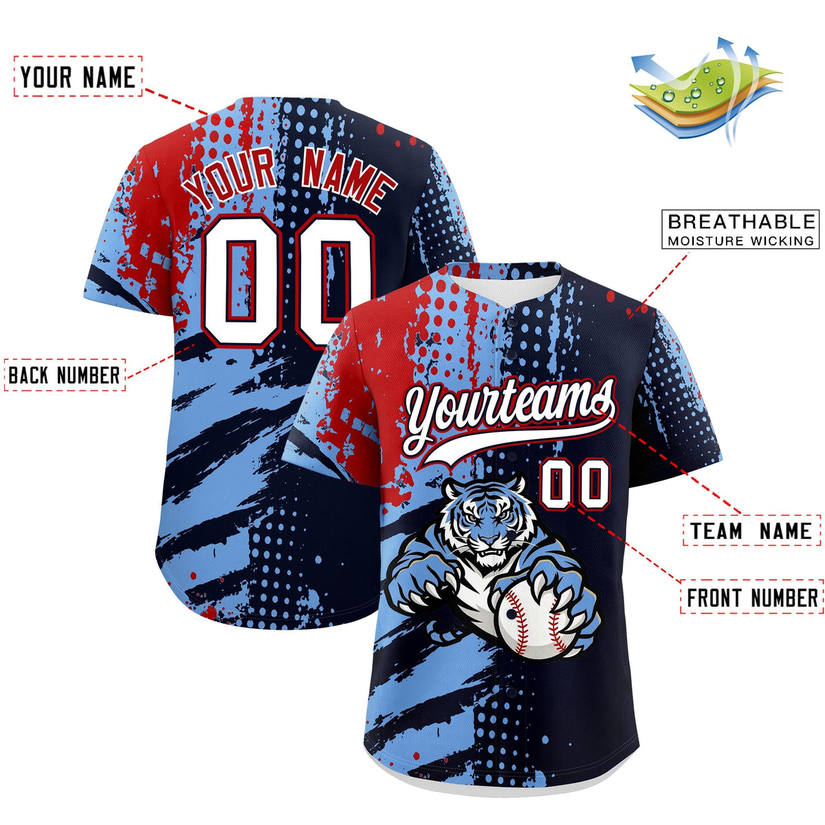 Custom Navy Light Blue Red Full-Snap Graffiti Pattern Tiger Graffiti Jersey Baseball Jersey| KXKSHOP