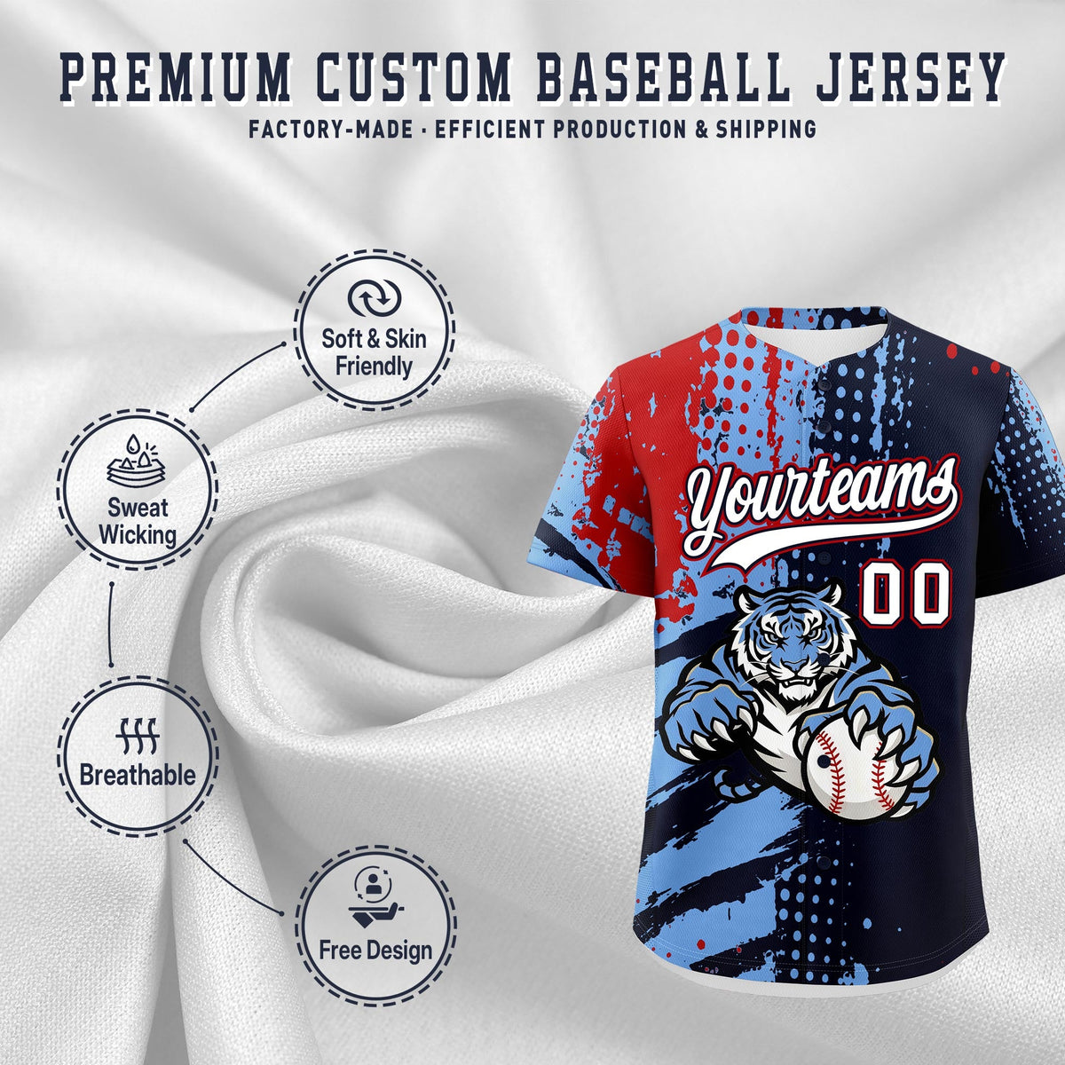 Custom Navy Light Blue Red Full-Snap Graffiti Pattern Tiger Graffiti Jersey Baseball Jersey| KXKSHOP