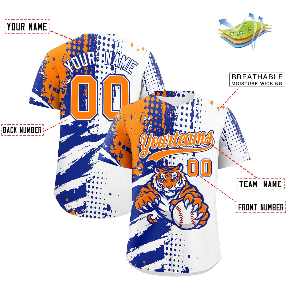 Custom White Royal Blue Orange Full-Snap Graffiti Pattern Tiger Graffiti Jersey Baseball Jersey| KXKSHOP