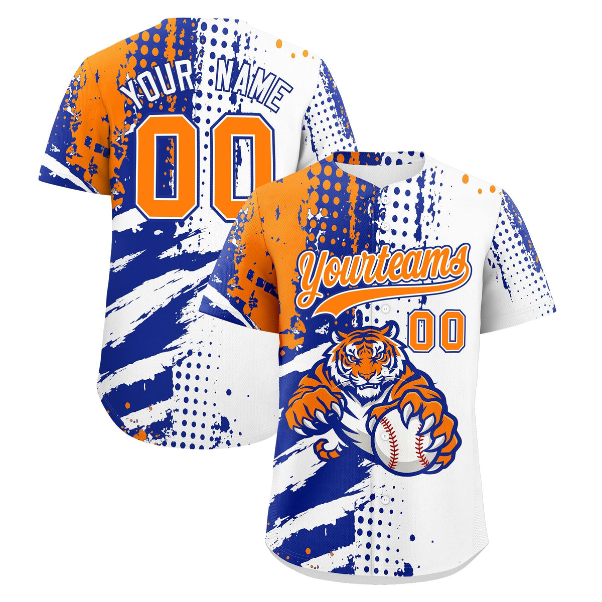 Custom White Royal Blue Orange Baseball Jersey Full-Snap Graffiti Pattern Tiger Graffiti Jersey