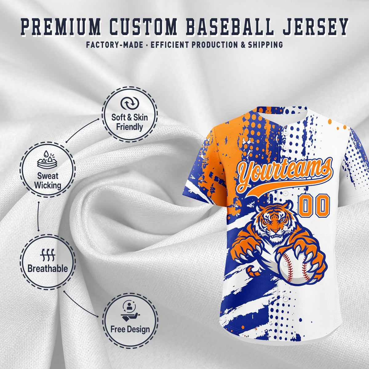 Custom White Royal Blue Orange Full-Snap Graffiti Pattern Tiger Graffiti Jersey Baseball Jersey| KXKSHOP
