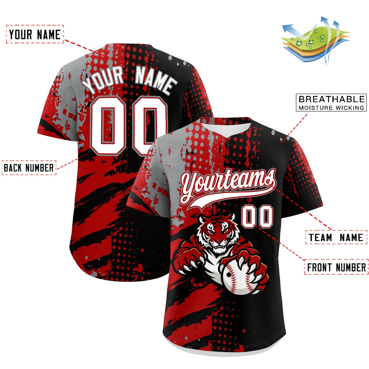 Custom Black Red Gray Full-Snap Graffiti Pattern Tiger Graffiti Jersey Baseball Jersey| KXKSHOP
