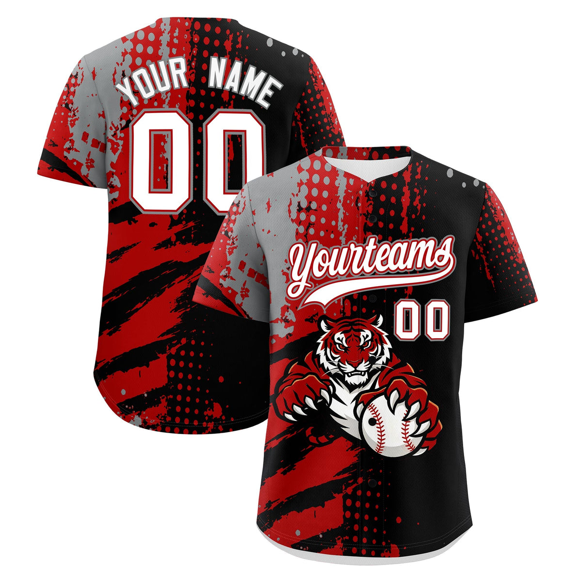 Custom Black Red Gray Baseball Jersey Full-Snap Graffiti Pattern Tiger Graffiti Jersey