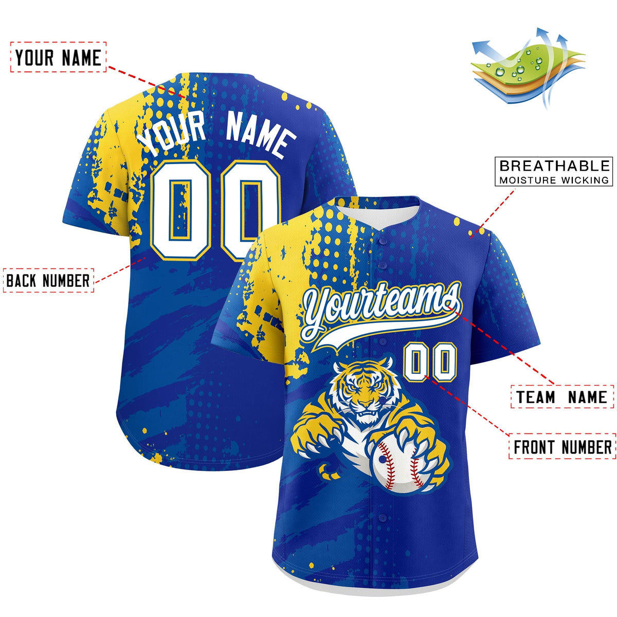 Custom Royal Blue Royal Gold Full-Snap Graffiti Pattern Tiger Graffiti Jersey Baseball Jersey| KXKSHOP