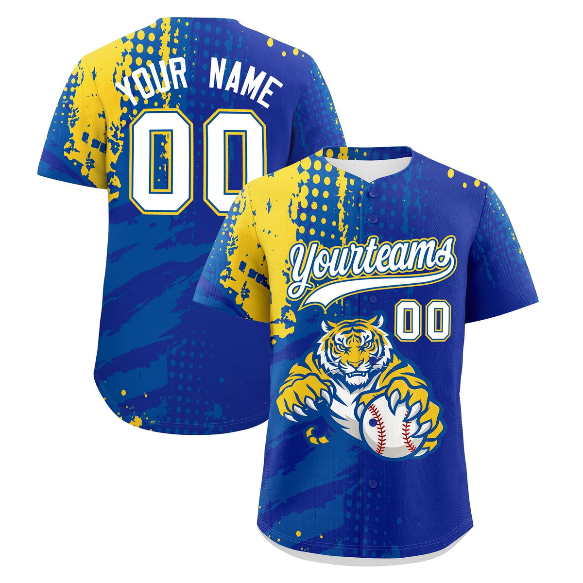 Custom Royal Blue Royal Gold Baseball Jersey Full-Snap Graffiti Pattern Tiger Graffiti Jersey