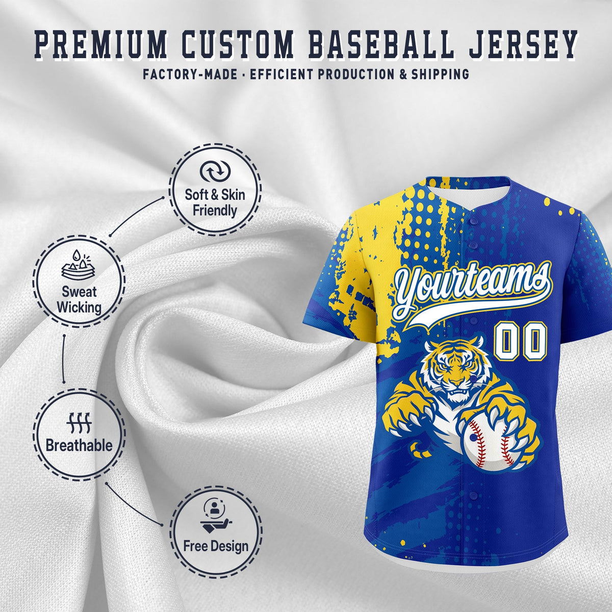 Custom Royal Blue Royal Gold Full-Snap Graffiti Pattern Tiger Graffiti Jersey Baseball Jersey| KXKSHOP
