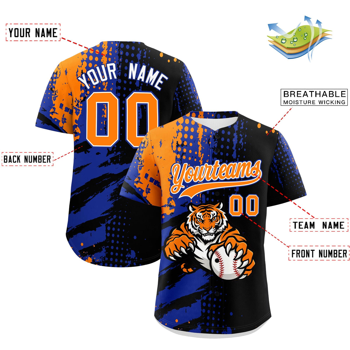 Custom Black Royal Blue Orange Full-Snap Graffiti Pattern Tiger Graffiti Jersey Baseball Jersey| KXKSHOP