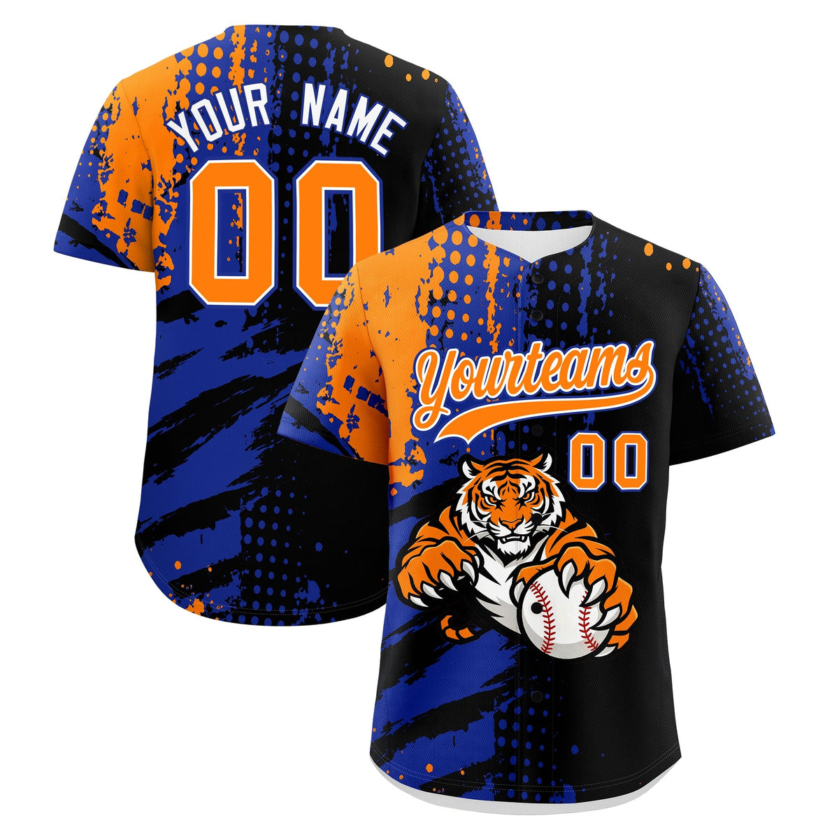 Custom Black Royal Blue Orange Baseball Jersey Full-Snap Graffiti Pattern Tiger Graffiti Jersey