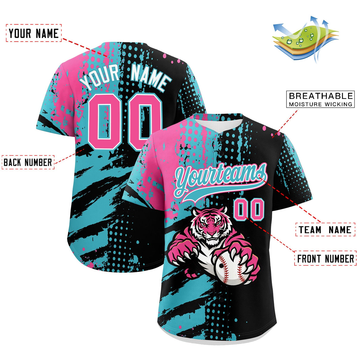 Custom Black Aqua Pink Full-Snap Graffiti Pattern Tiger Graffiti Jersey Baseball Jersey| KXKSHOP