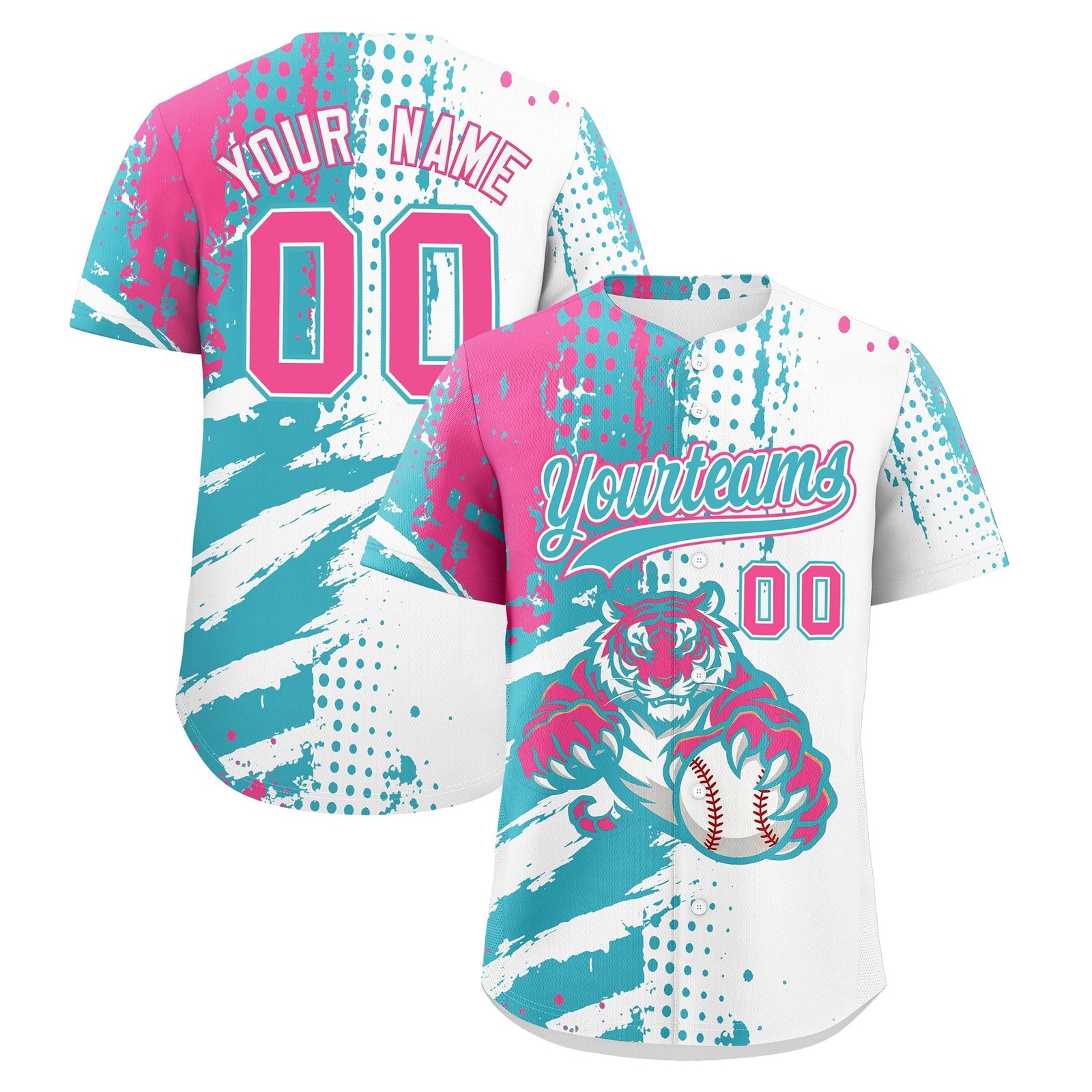 Custom White Aqua Pink Baseball Jersey Full-Snap Graffiti Pattern Tiger Graffiti Jersey