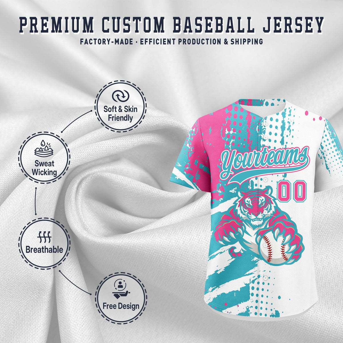 Custom White Aqua Pink Full-Snap Graffiti Pattern Tiger Graffiti Jersey Baseball Jersey| KXKSHOP