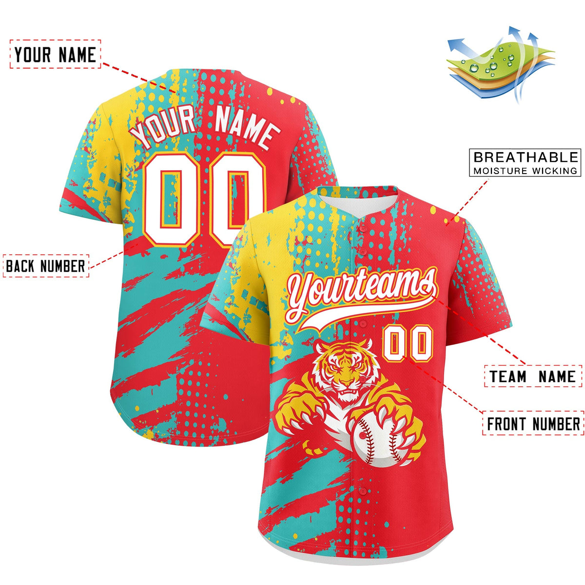 Custom Light Red Teal Gold Full-Snap Graffiti Pattern Tiger Graffiti Jersey Baseball Jersey| KXKSHOP