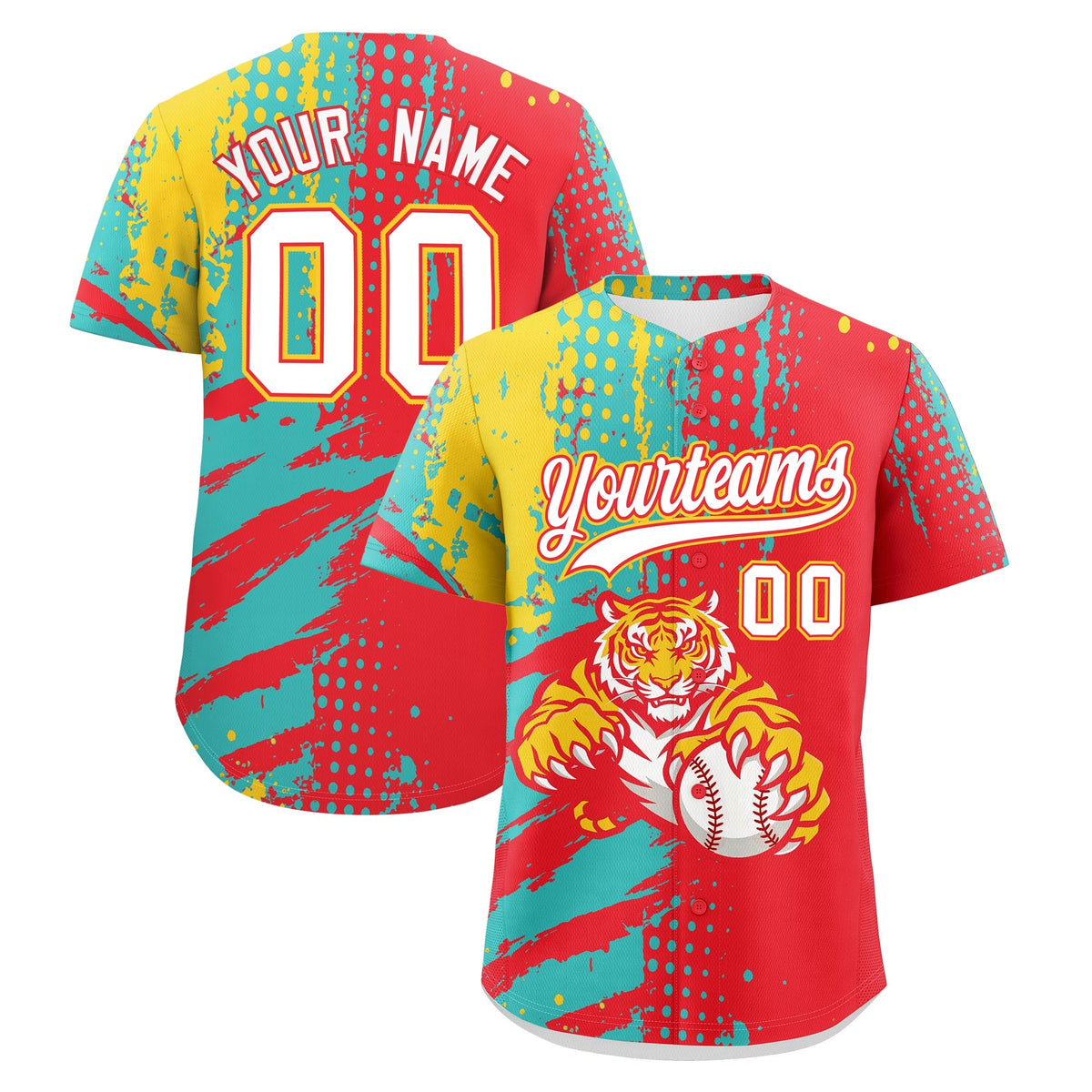 Custom Light Red Teal Gold Baseball Jersey Full-Snap Graffiti Pattern Tiger Graffiti Jersey